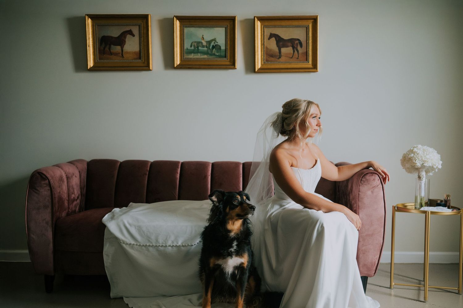 Elegant bridal portraits in a room with vintage frames and furniture.