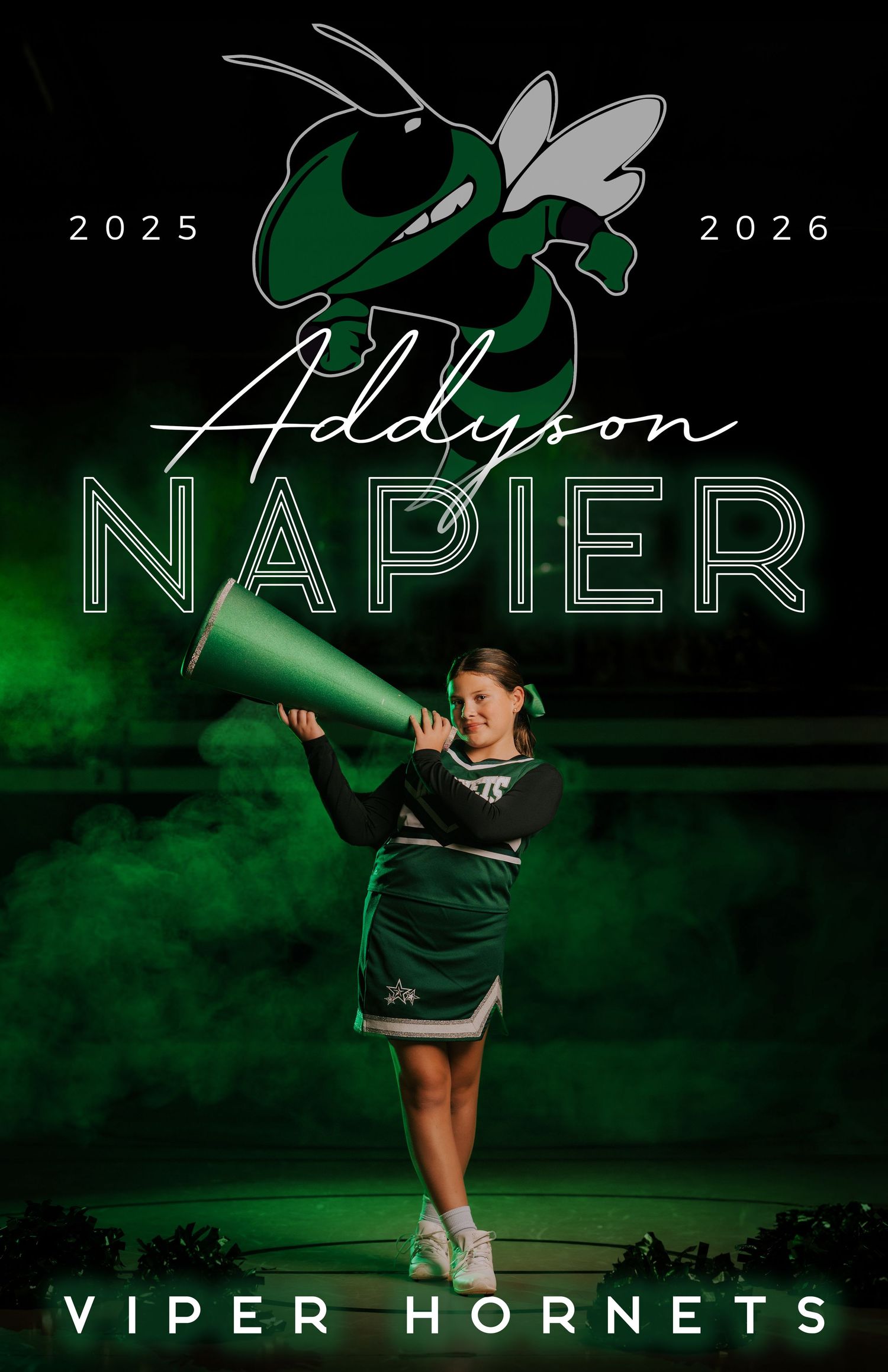 High school sports banner series showing cheerleader poses in green and white with dramatic smoke effects.