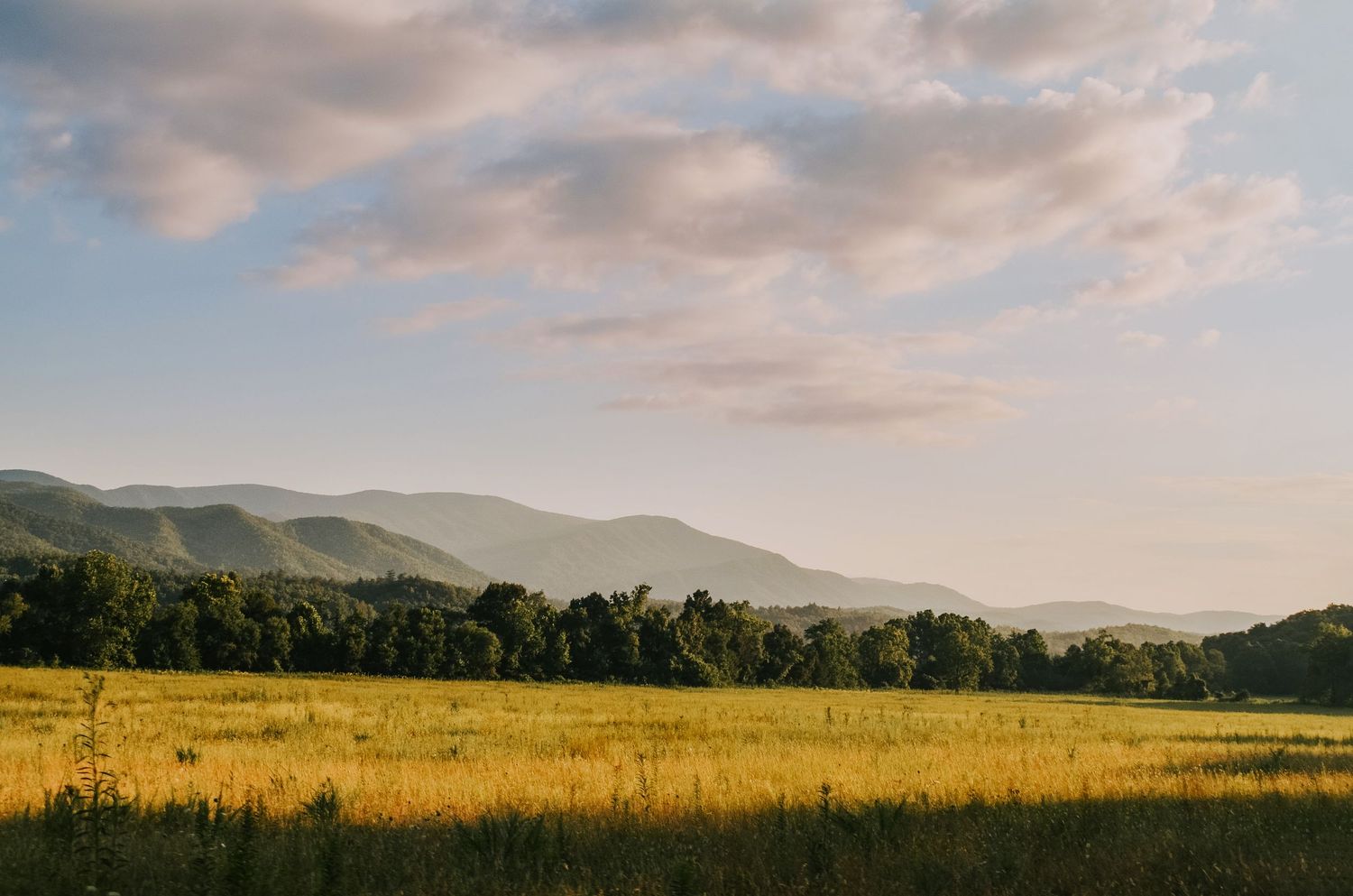 Scenic mountain landscape with golden fields stretching to distant hills.