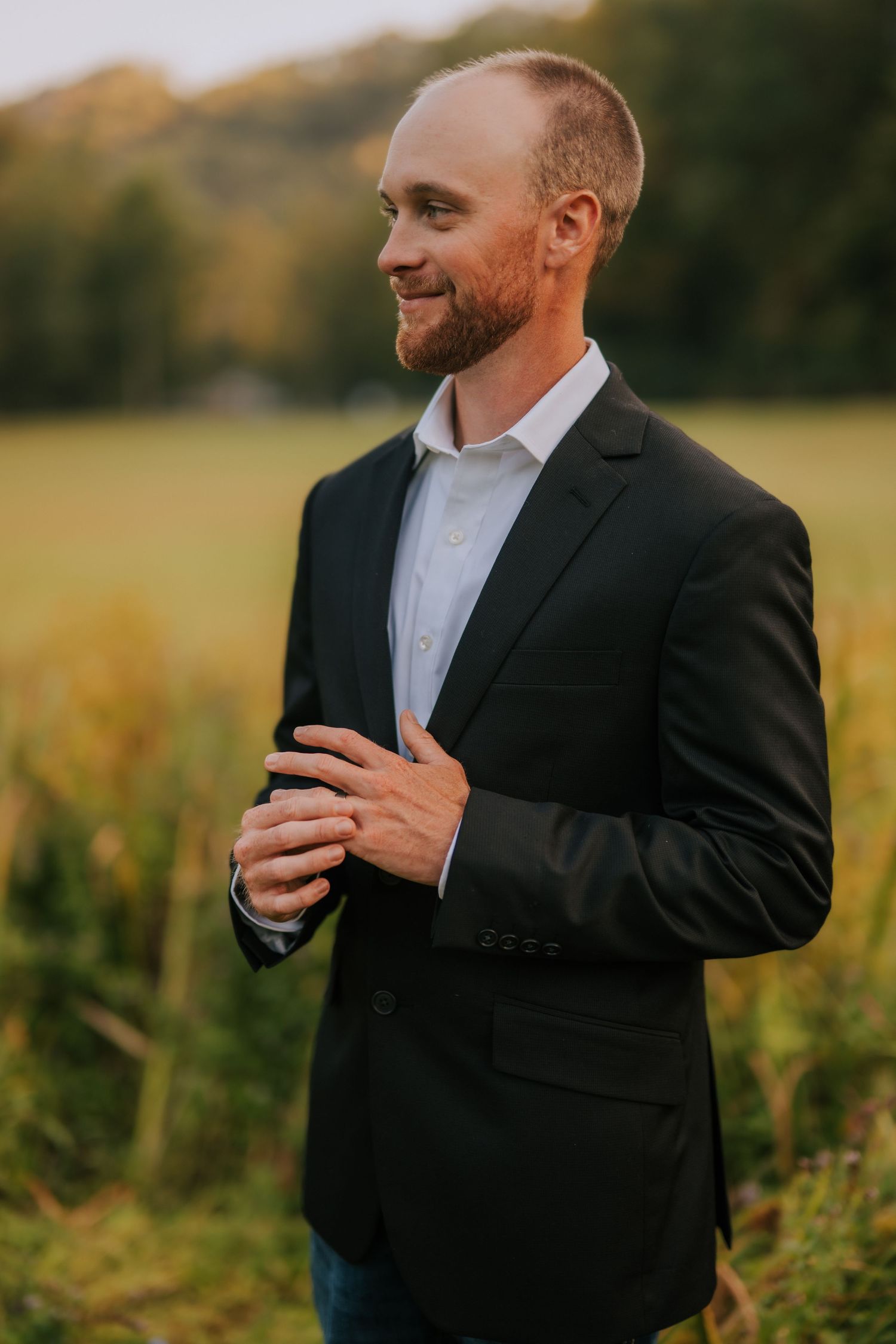 A sequence of photos showing a groom adjusting his black suit jacket outdoors during golden hour.