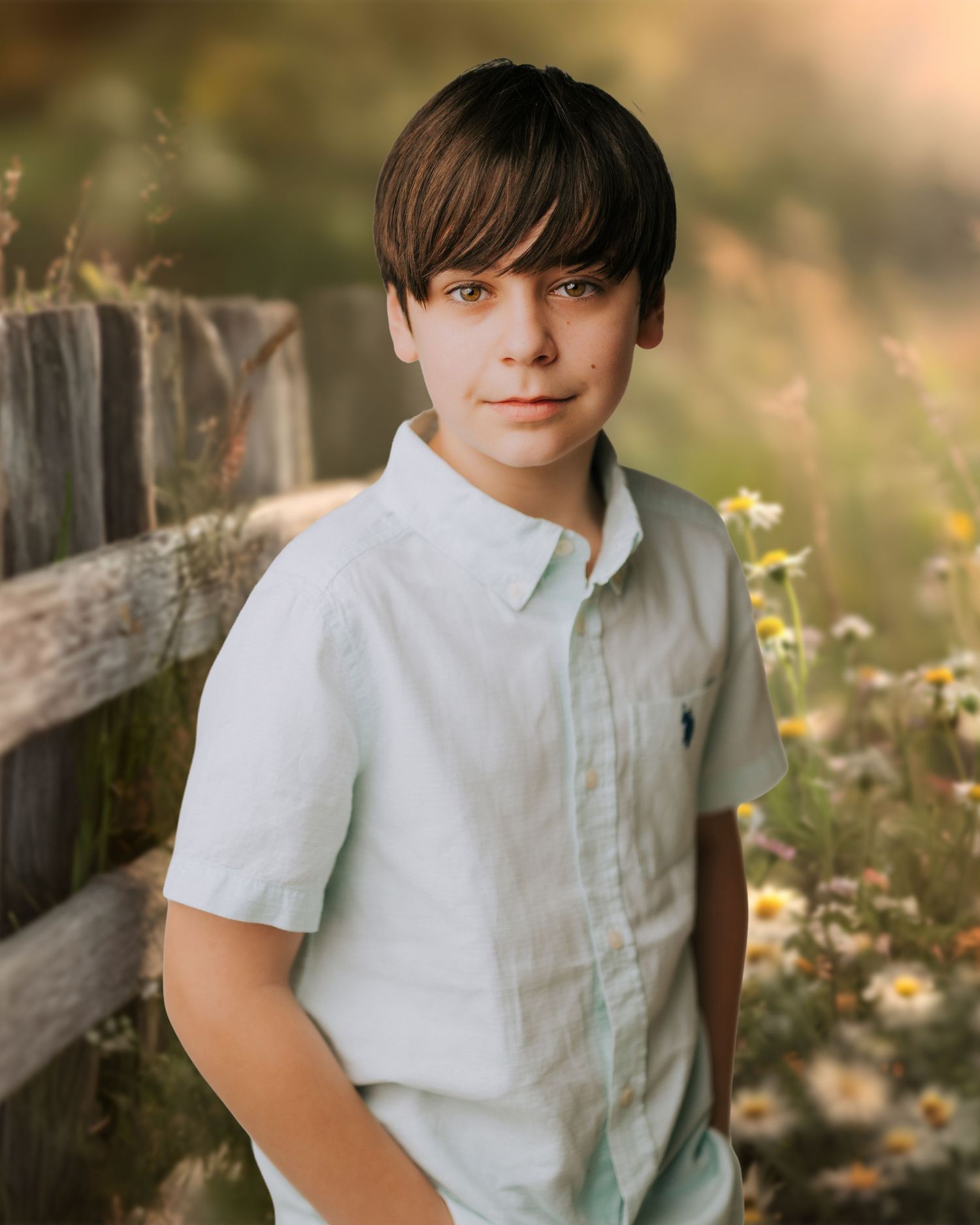 A young boy in a light blue button-up shirt poses outdoors near a wooden fence with wildflowers in soft golden light.