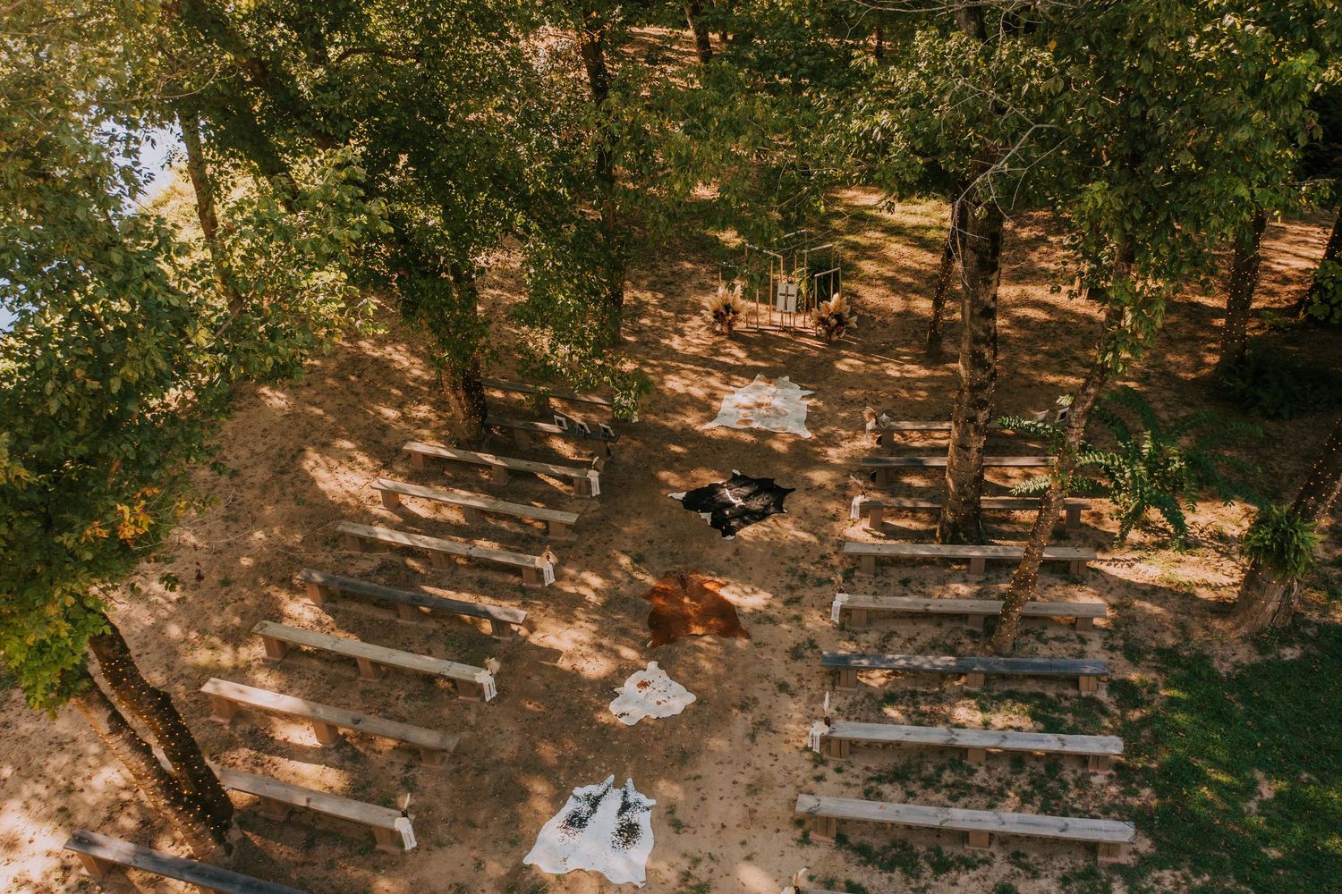 An aerial view of wooden ceremony chairs arranged in rows under trees.