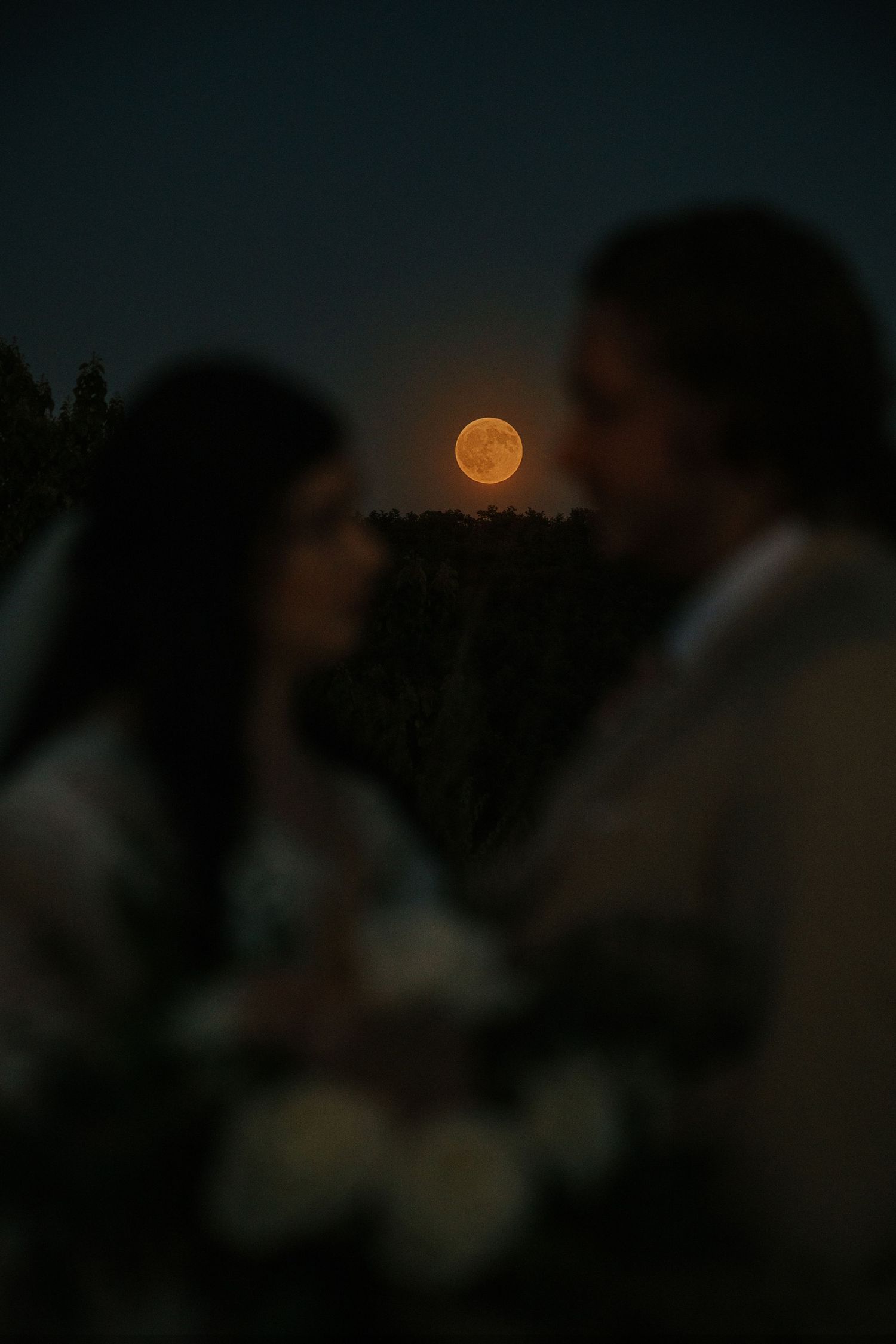 Full moon rising over silhouetted wedding guests at dusk.