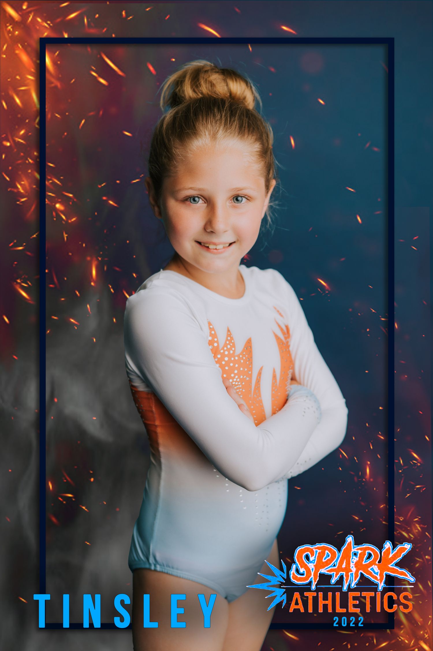 Artistic sports portraits with orange spark effects and dark background.