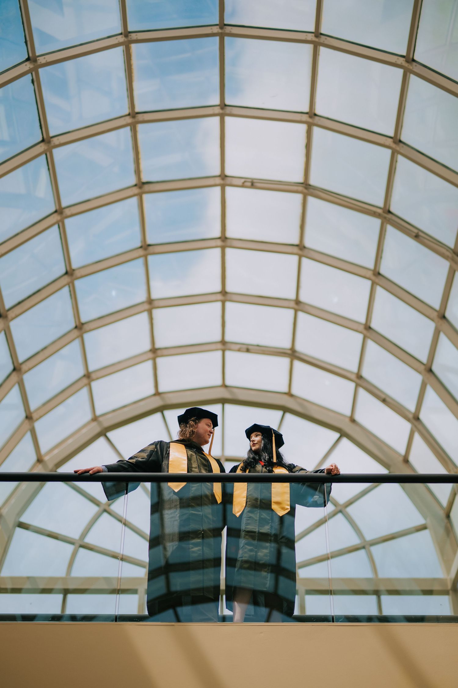 Architectural detail of curved glass ceiling panels with metal framing against blue sky.