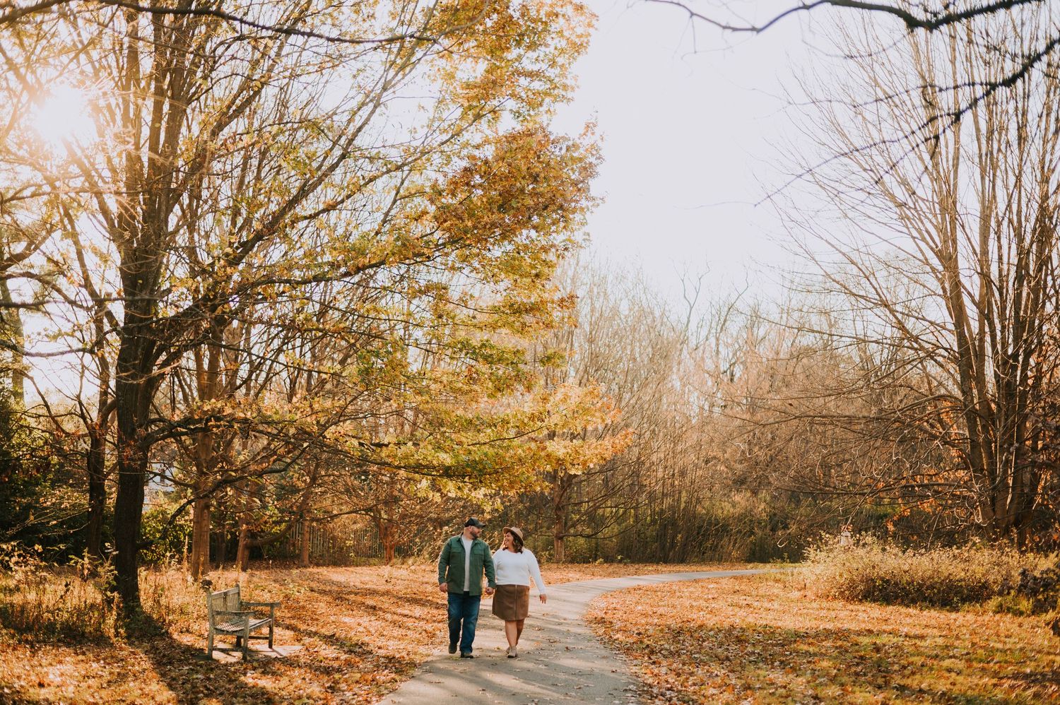 A scenic autumn path lined with trees showing vibrant fall colors.