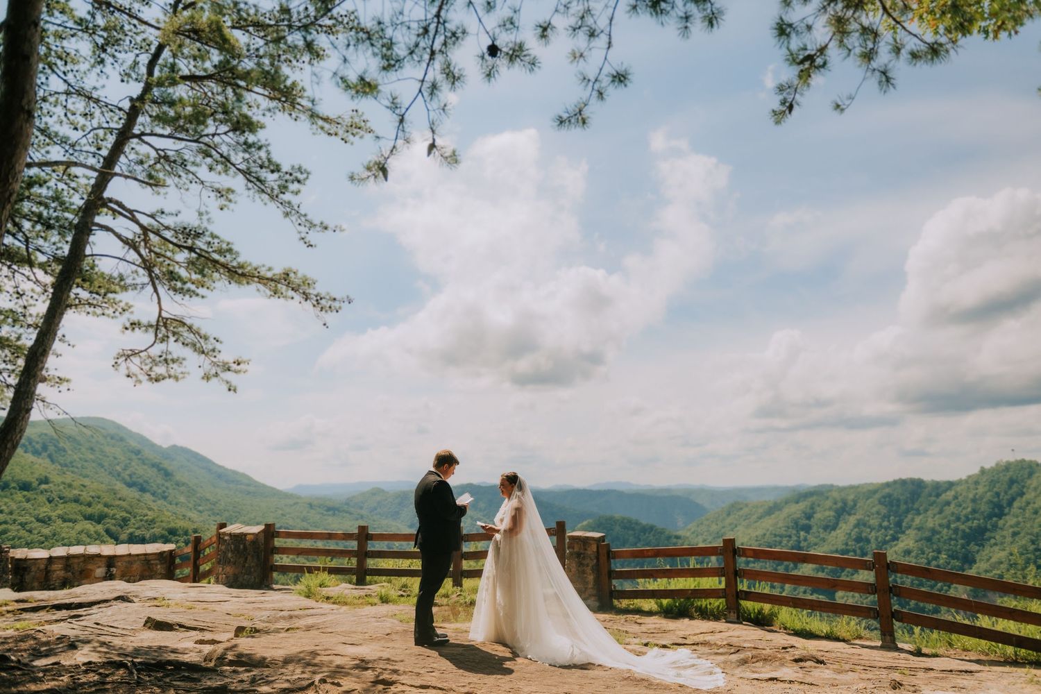 Bride and groom exchange vows at a scenic mountain overlook with lush green valleys and blue skies in the background.