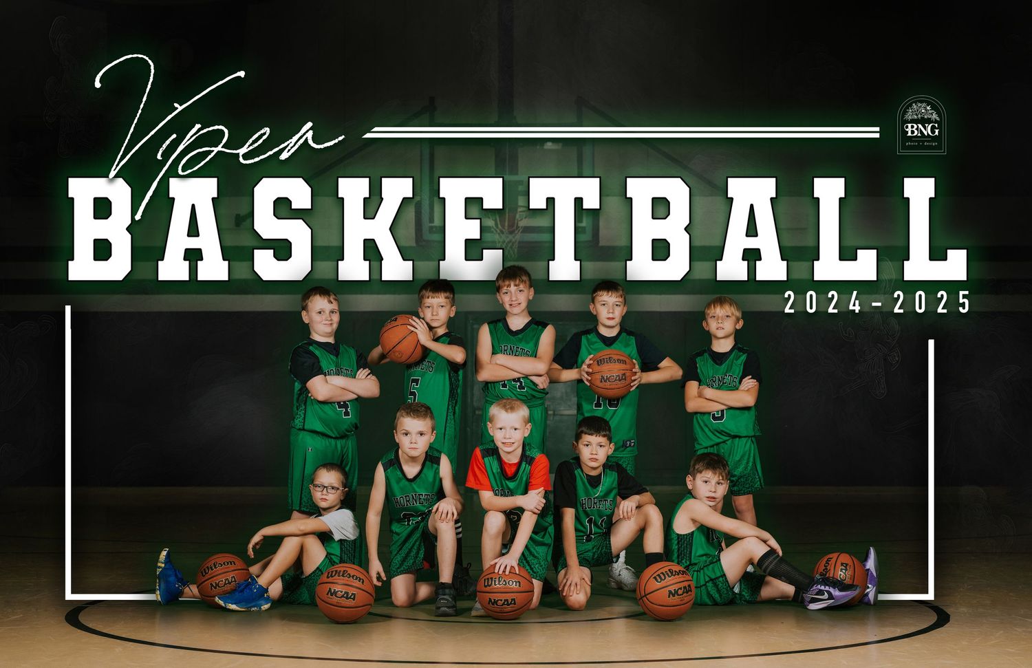 Green and white basketball team photos arranged in a panoramic collage showing players and coaches on court.