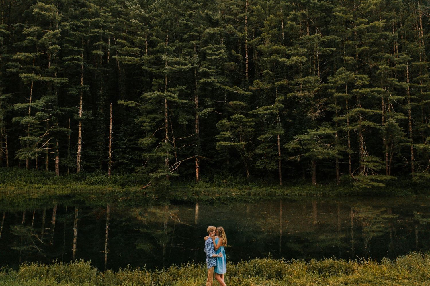 A distant couple stands in a meadow with a pine forest backdrop.