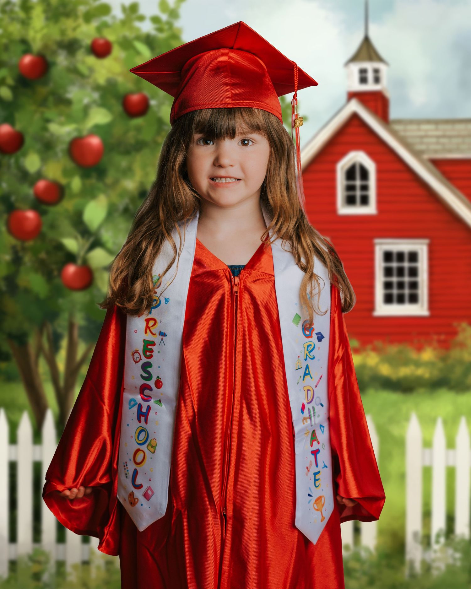 Young girl in red preschool graduation cap and gown with sash, posing in front of red schoolhouse backdrop.