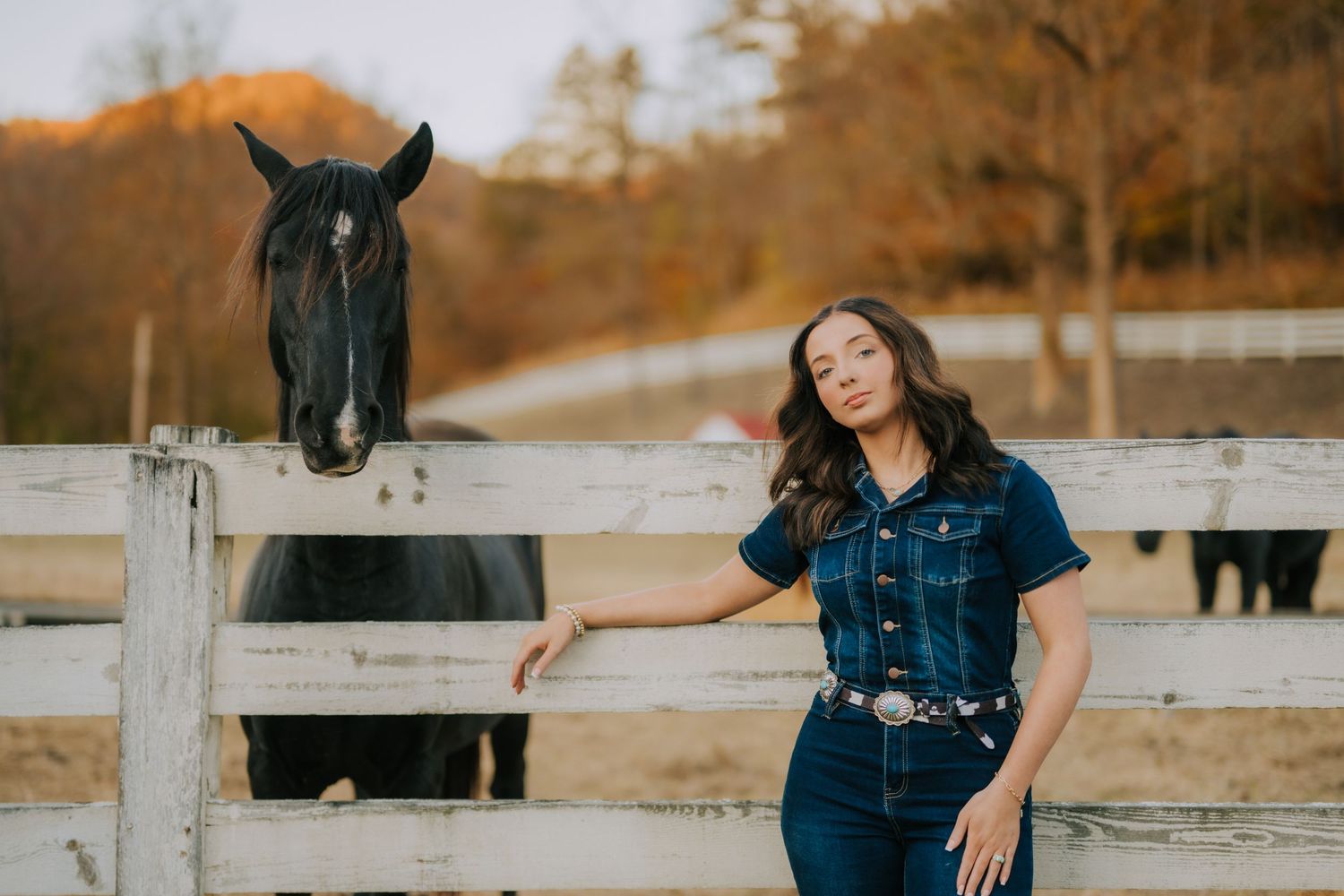 Woman in denim jacket standing by wooden fence with black horse at sunset.