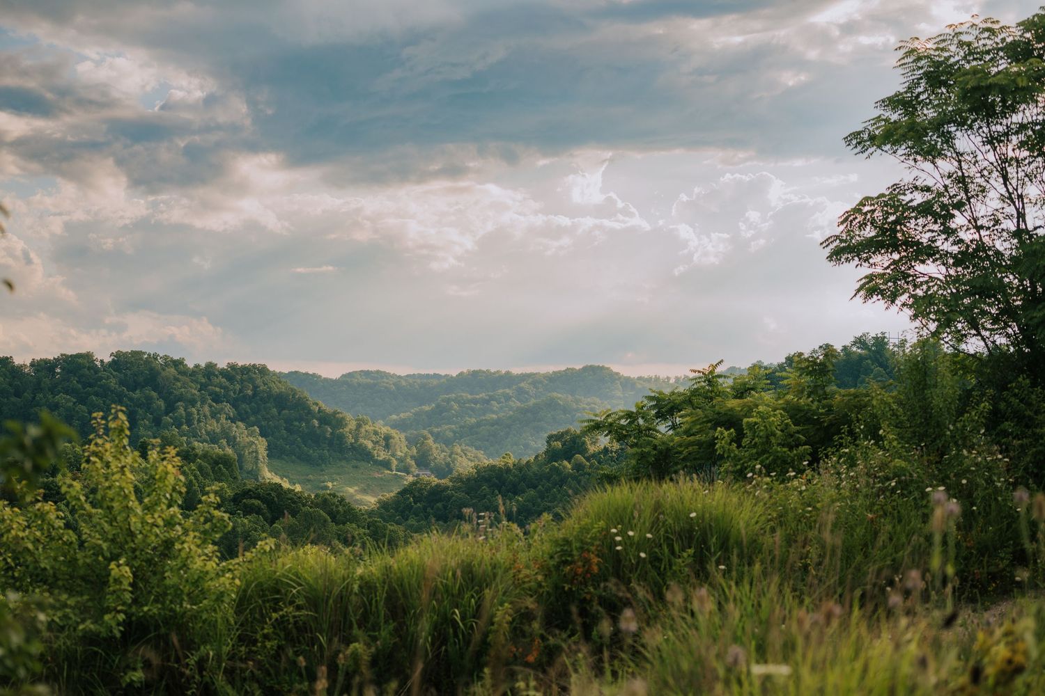 Panoramic view of rolling green mountains under cloudy skies.