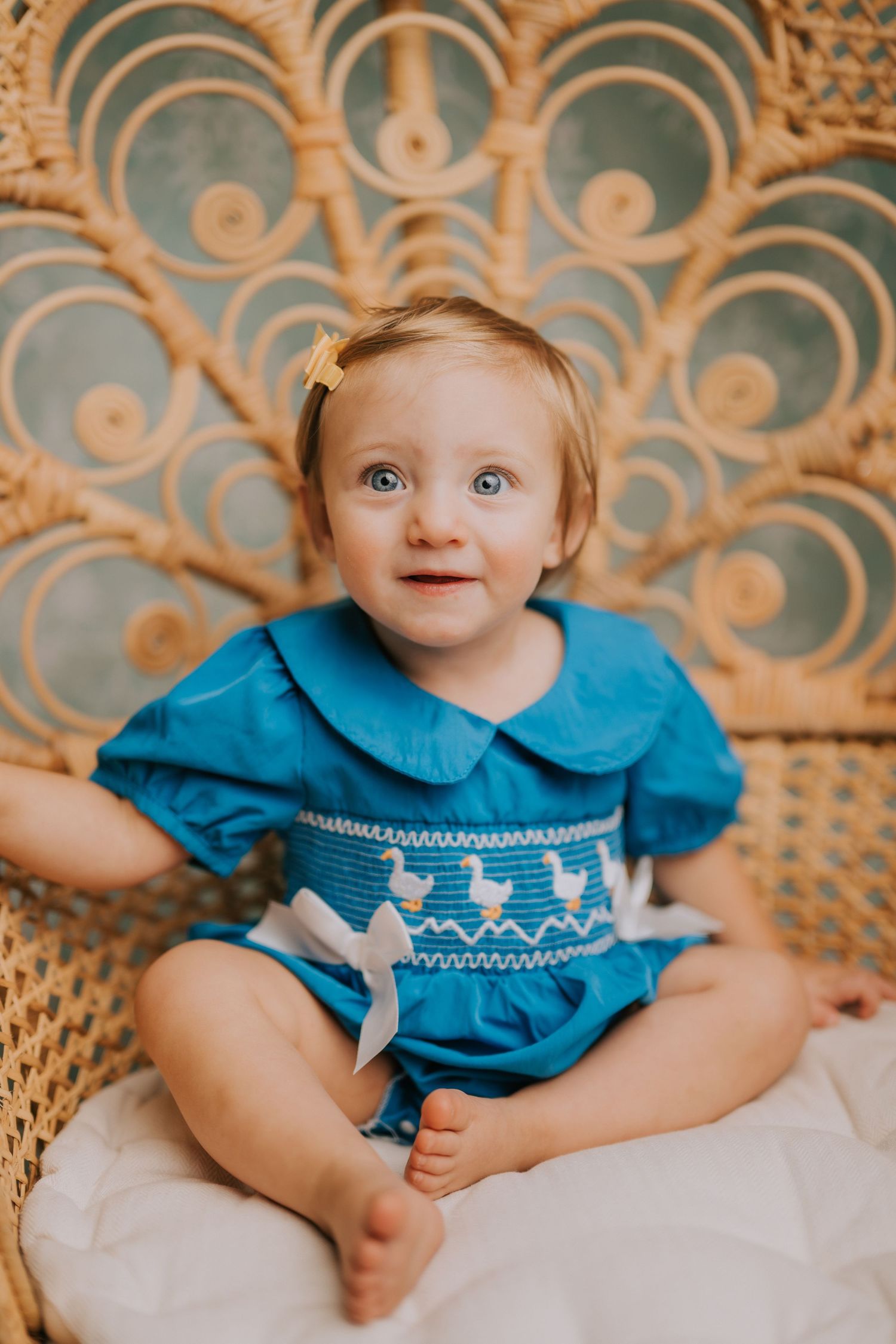 Baby wearing blue smocked dress sitting against ornate peacock pattern background.