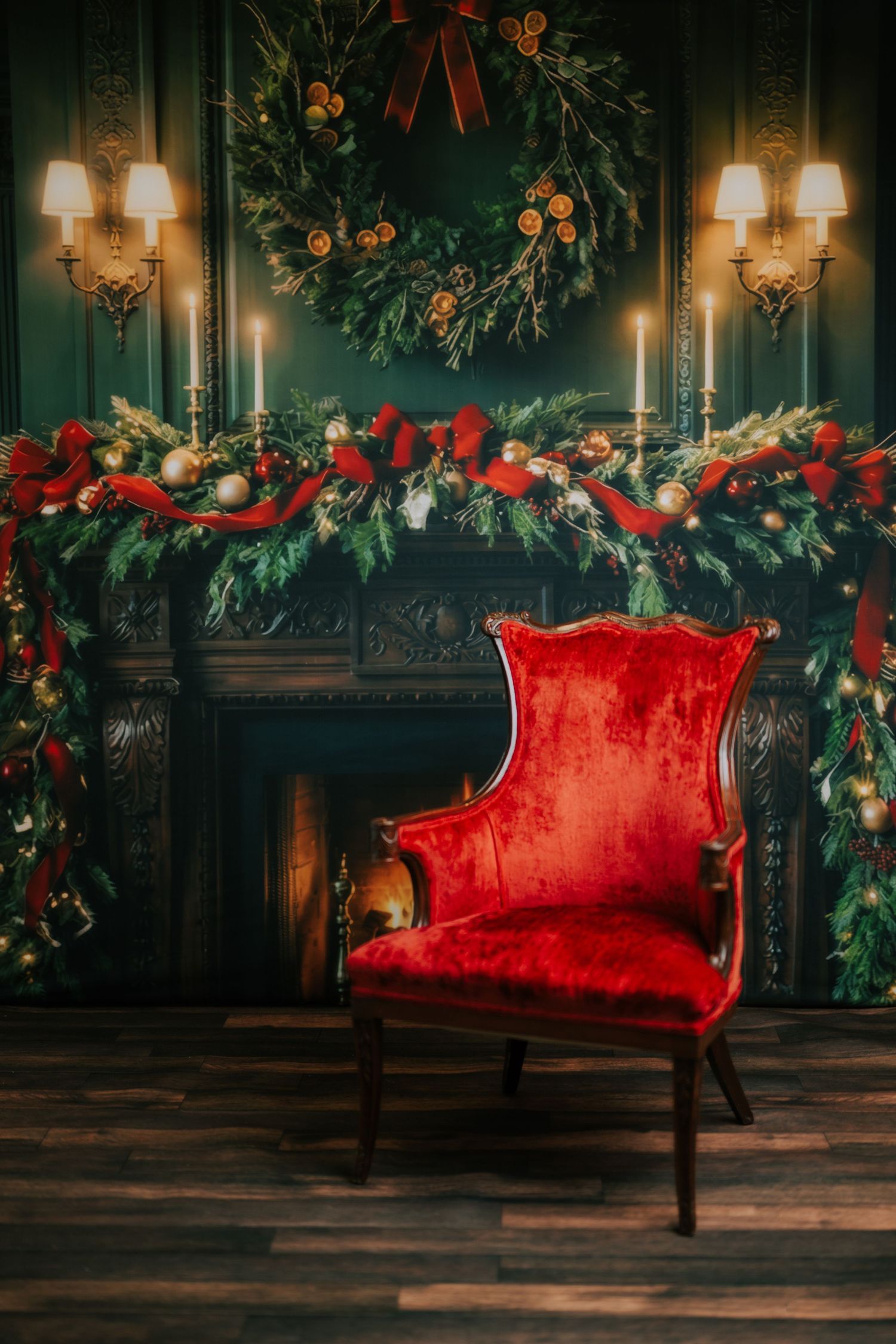 Red velvet armchair beside a decorated fireplace with Christmas garland, wreath, candles, and festive holiday decor.