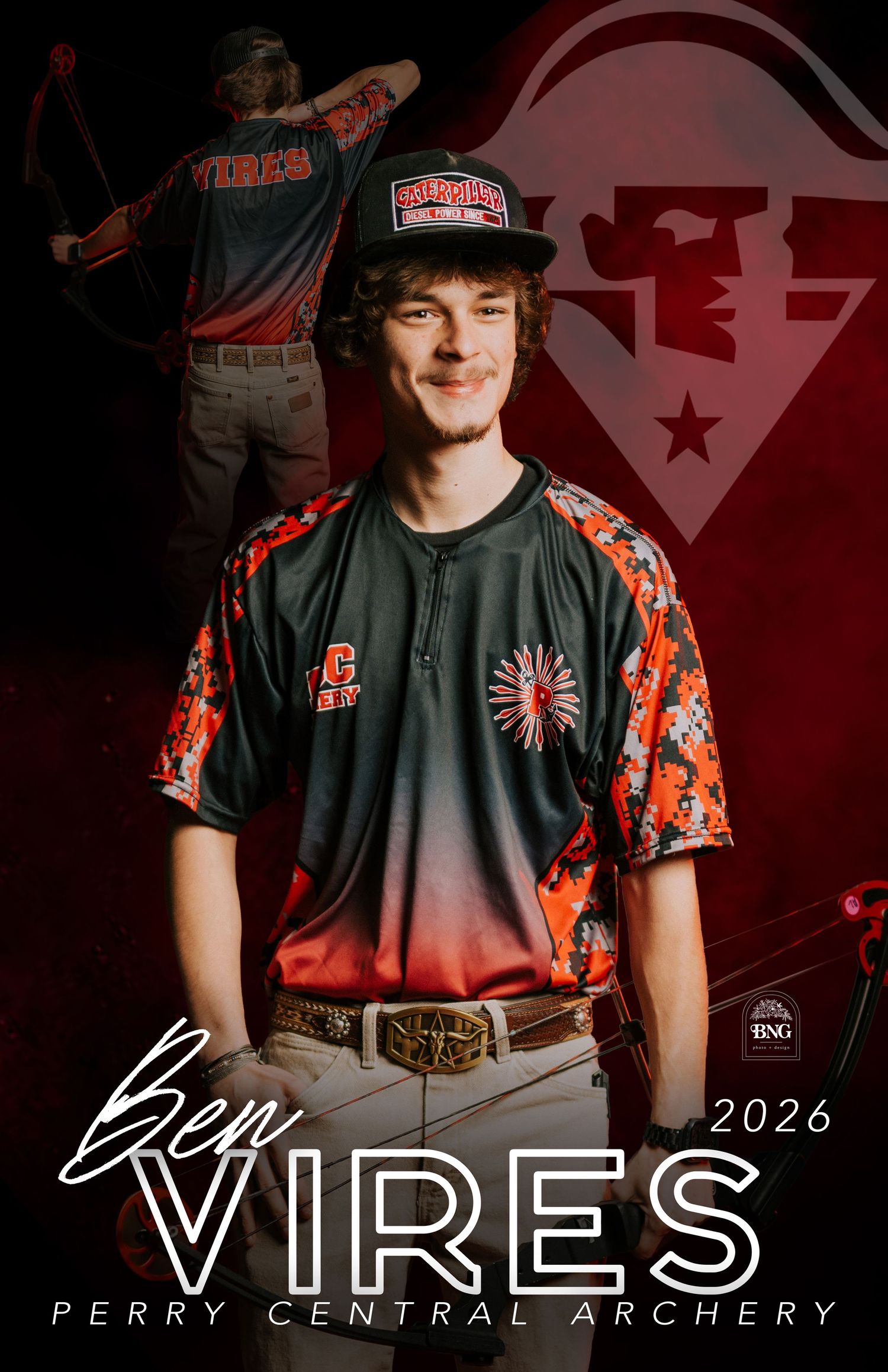 Baseball player wearing a Perry Central Archery jersey with orange and black design poses for team photo against dark background.