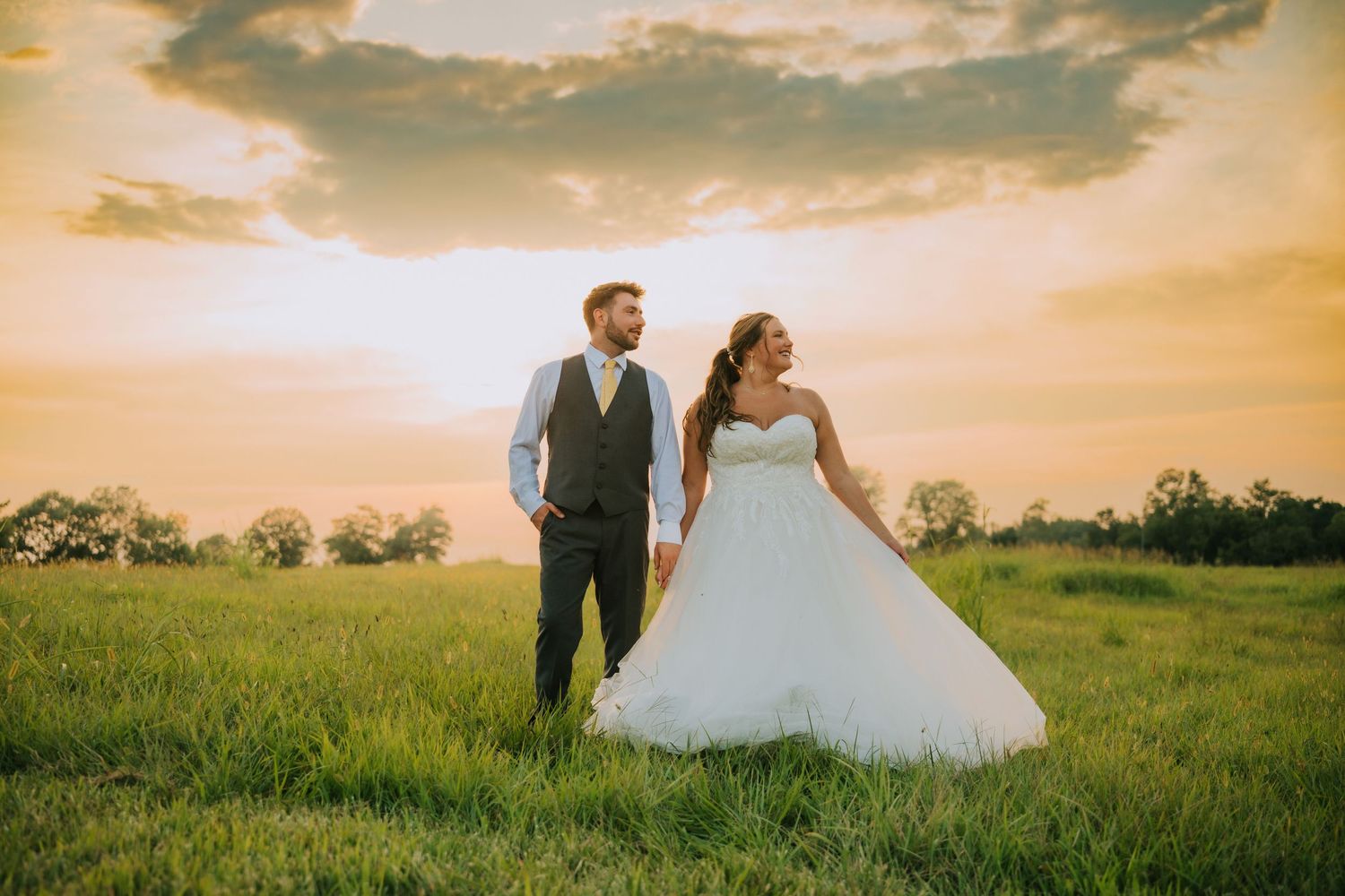 Panoramic wedding photos at sunset in a serene countryside setting.