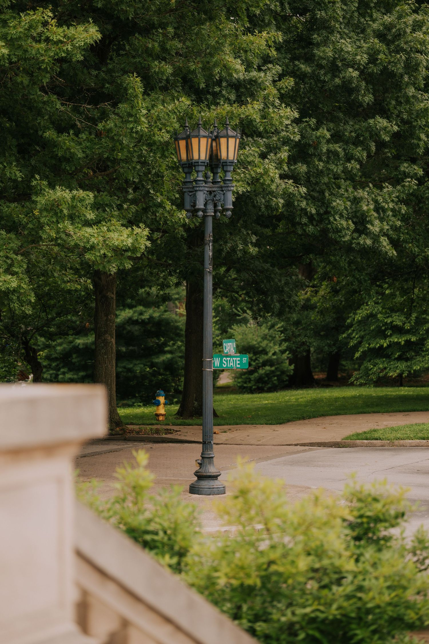 Vintage style lamp posts line a shaded park pathway with lush green trees.