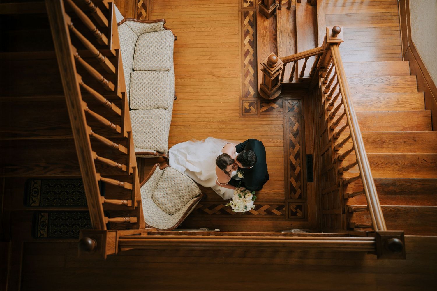 A sequence of photos showing someone sitting on wooden stairs in a dimly lit hallway.