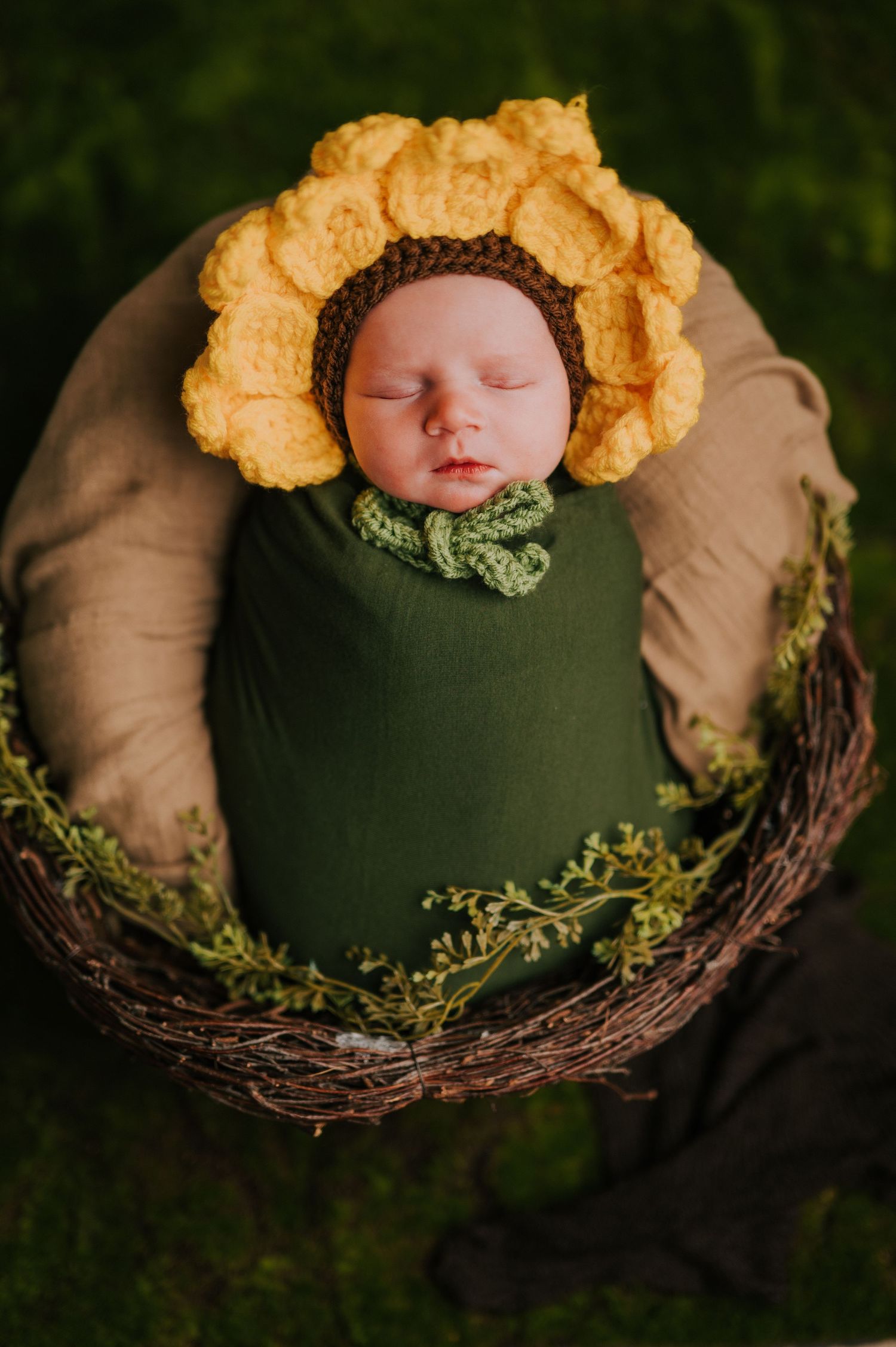 Sleeping newborn nestled in green wrap with yellow floral accents and twig nest prop.