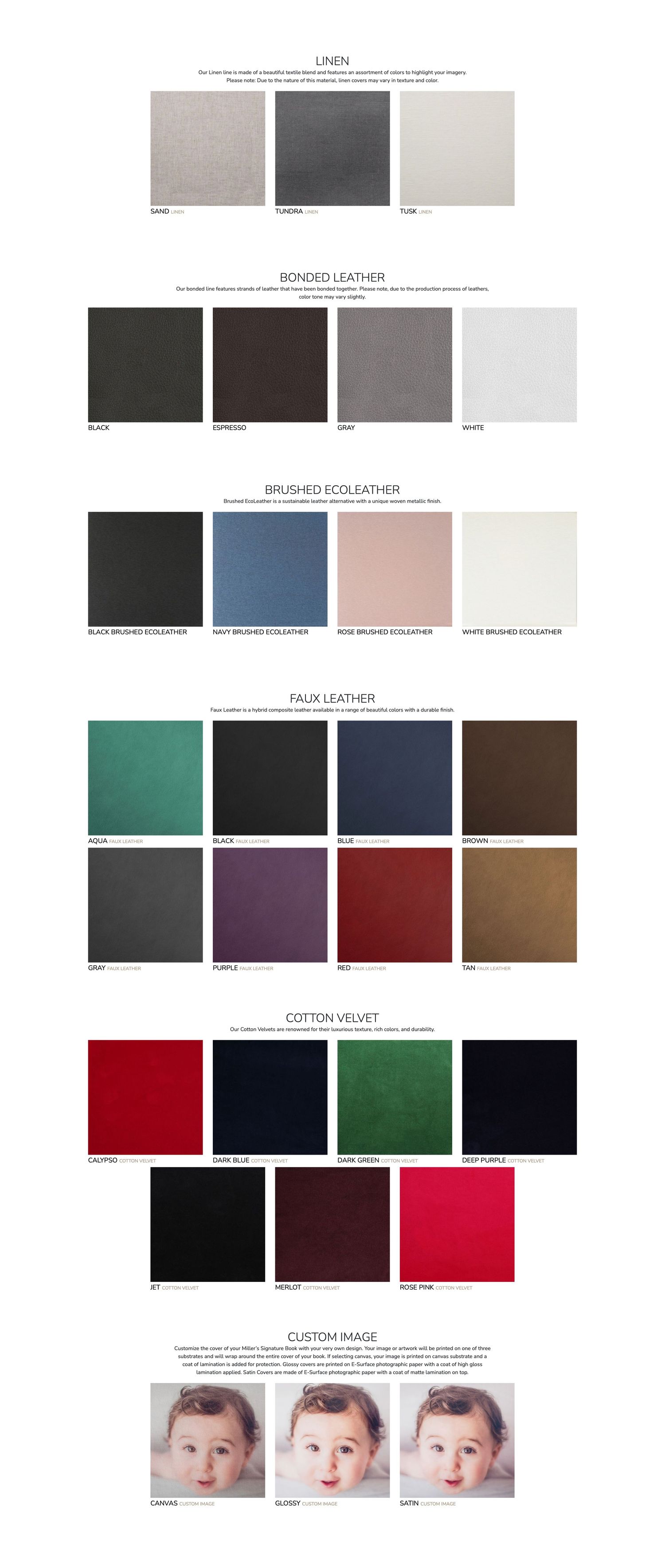 Color swatch palette showing various upholstery options including leather, velvet, and eco-leather in different colors and textures.