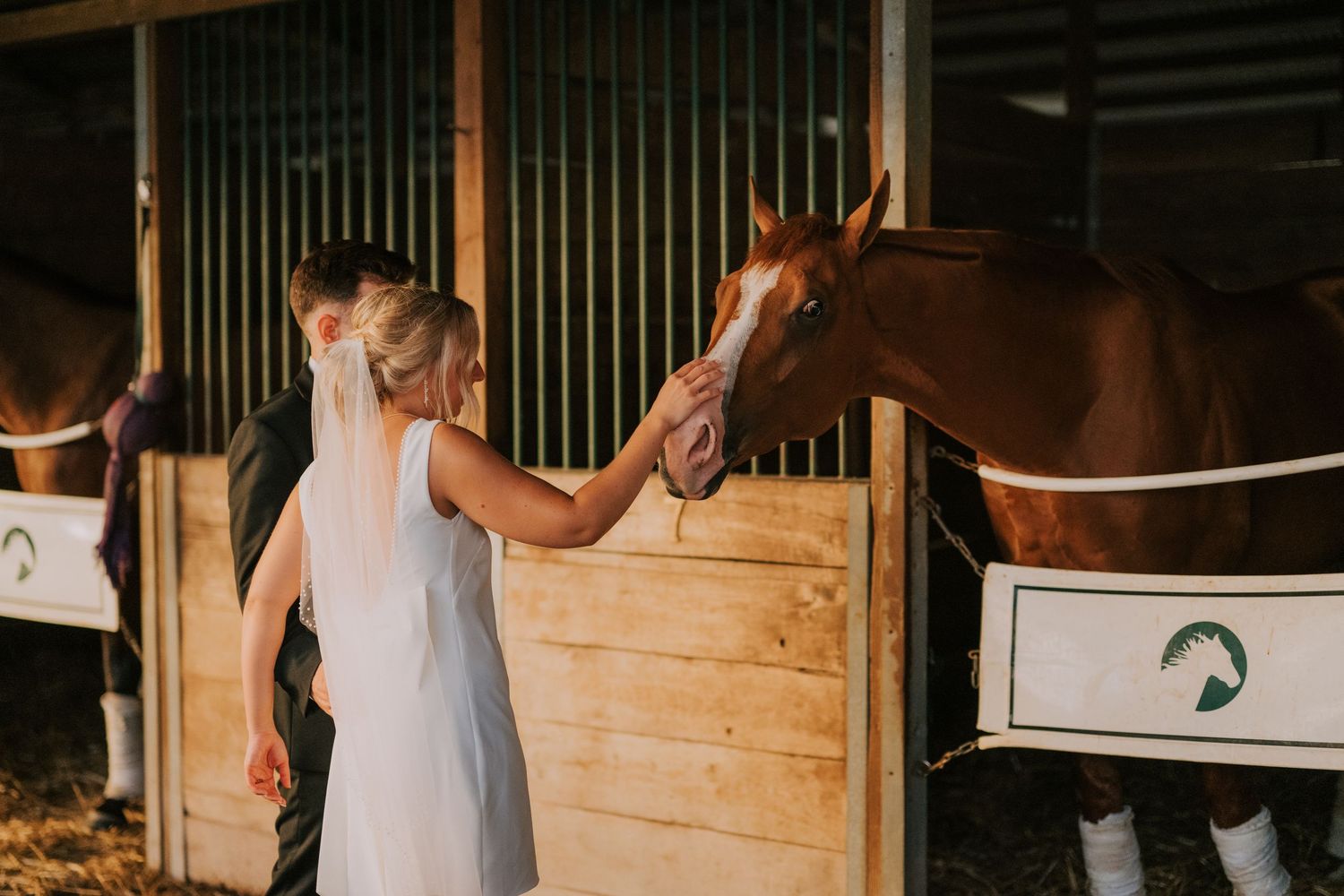 Rustic barn setting with wooden walls and warm lighting for wedding portraits.