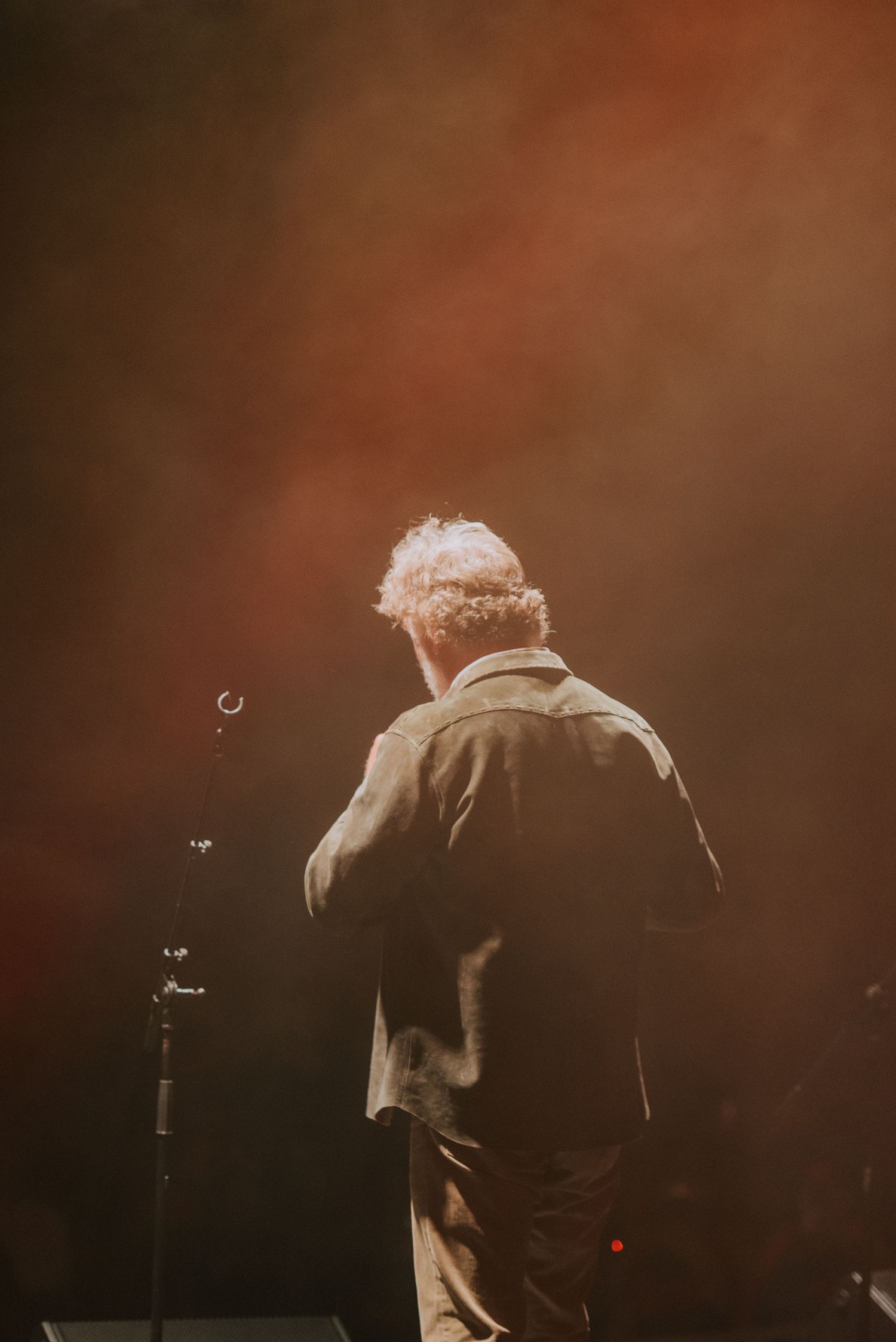 Back view of performer silhouetted against warm brown stage lighting during concert performance.