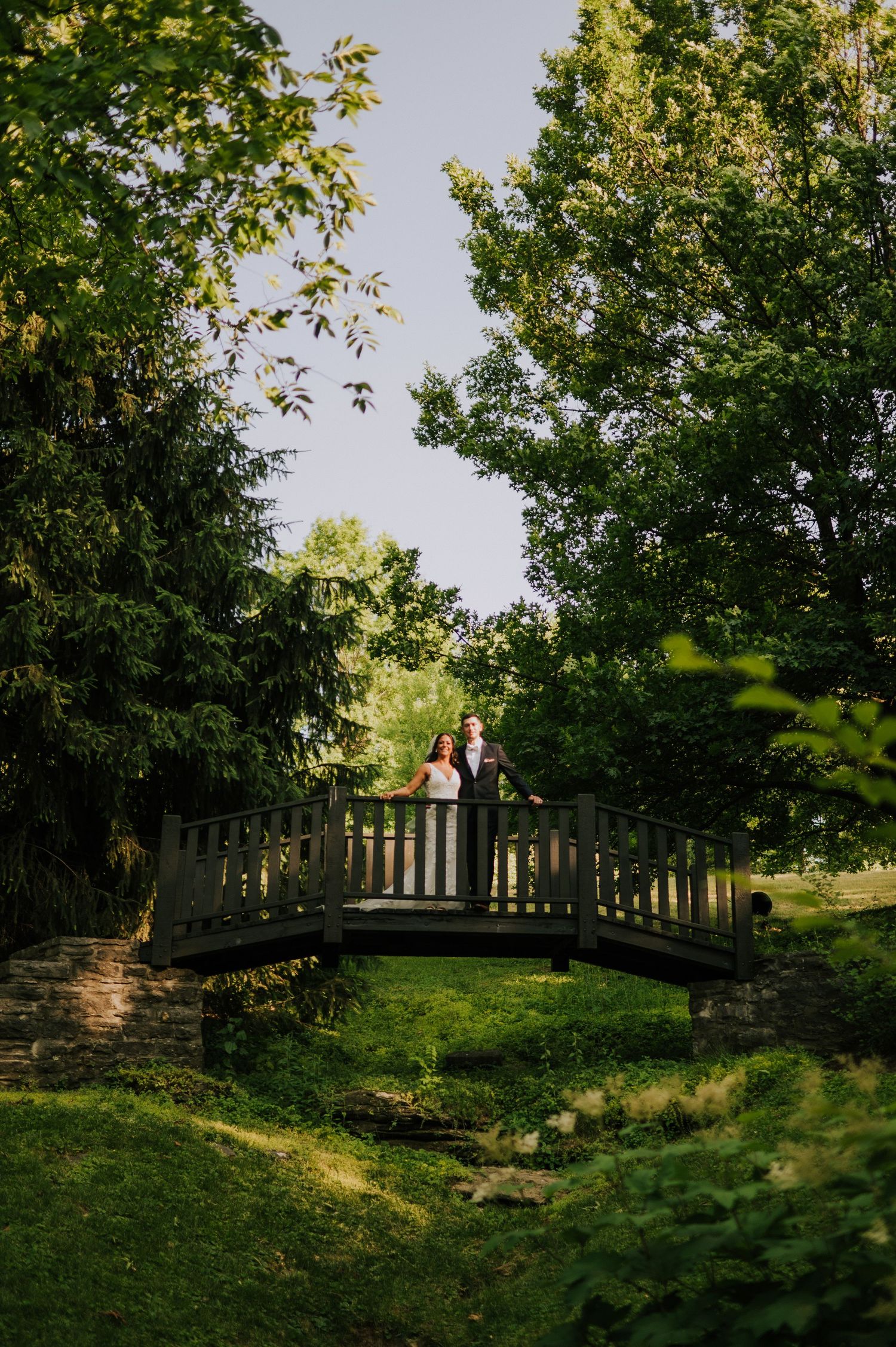Wooden footbridge spanning a small ravine in a sunlit garden setting.