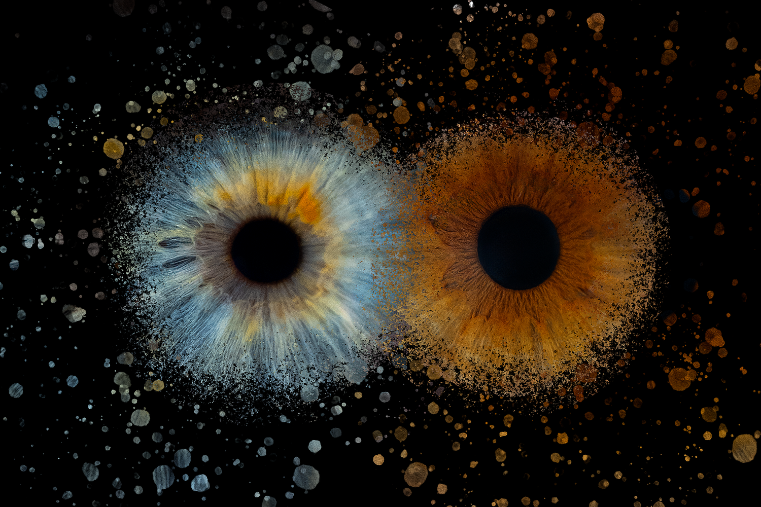 A sequence of abstract orange and blue starburst patterns against black backgrounds showing different explosion phases.