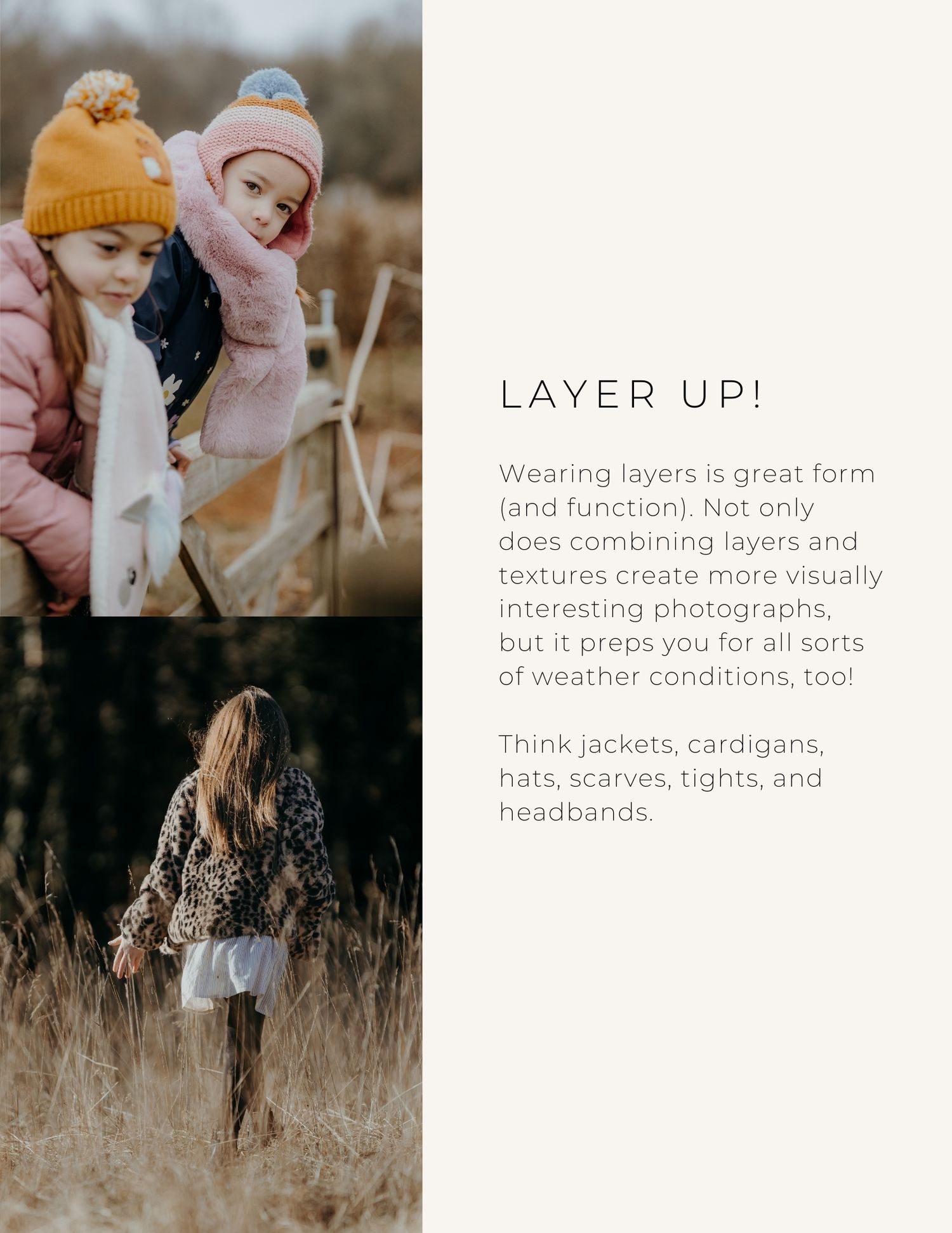 A series of five lifestyle photos showing winter fashion layering tips with warm accessories and outerwear in muted tones.