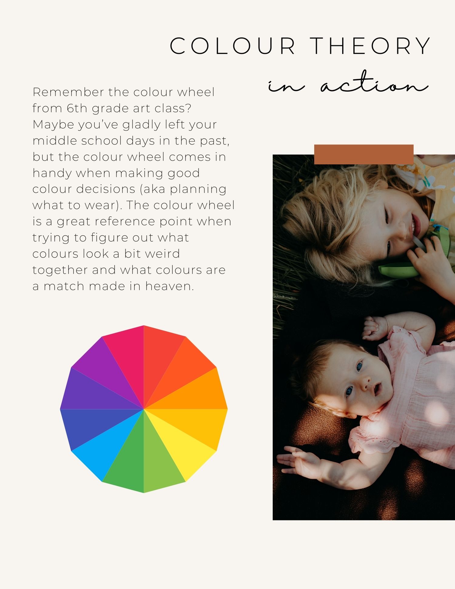 A color theory lesson showing a rainbow color wheel diagram and art supplies arranged in a creative layout.