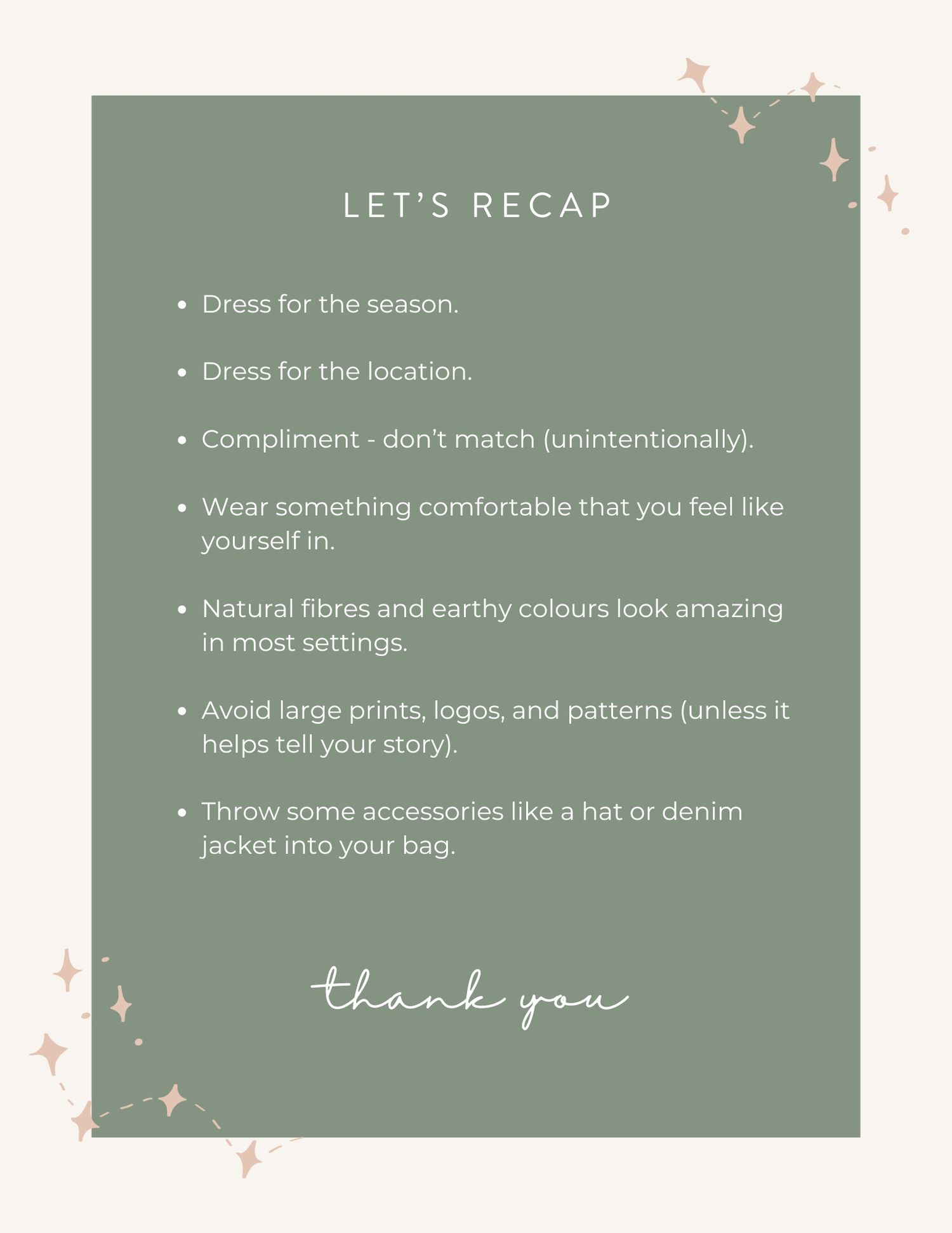 A sage green fashion styling guide with bullet points listing tips for dressing appropriately and accessorizing.