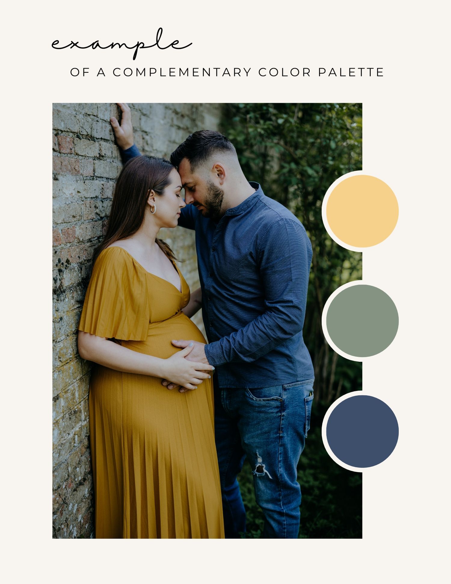 A couple in navy and mustard yellow outfits pose together outdoors with a complementary color palette shown.