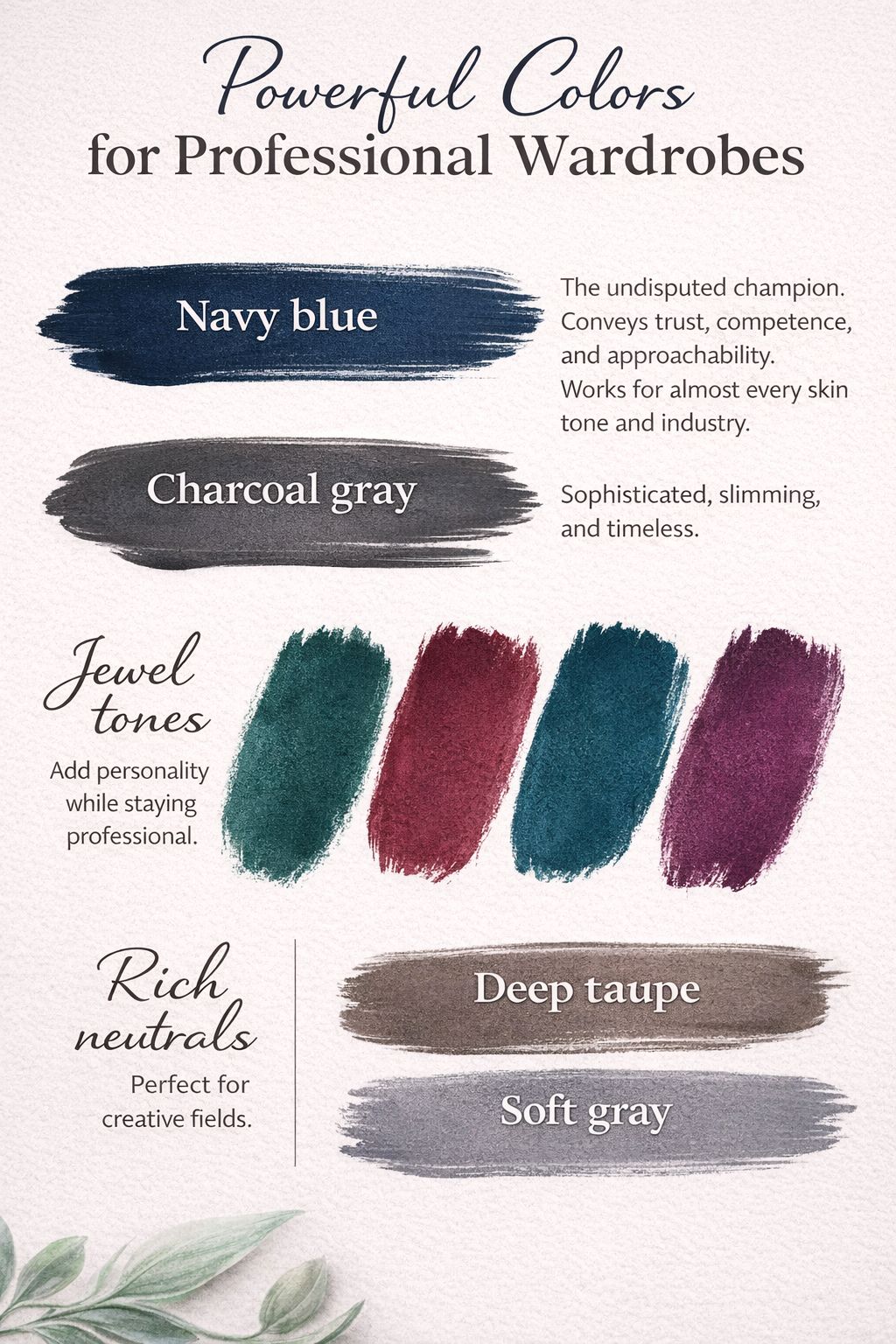 Professional color palette showing navy blue, charcoal gray, deep taupe and soft gray paint swatches with descriptive text.