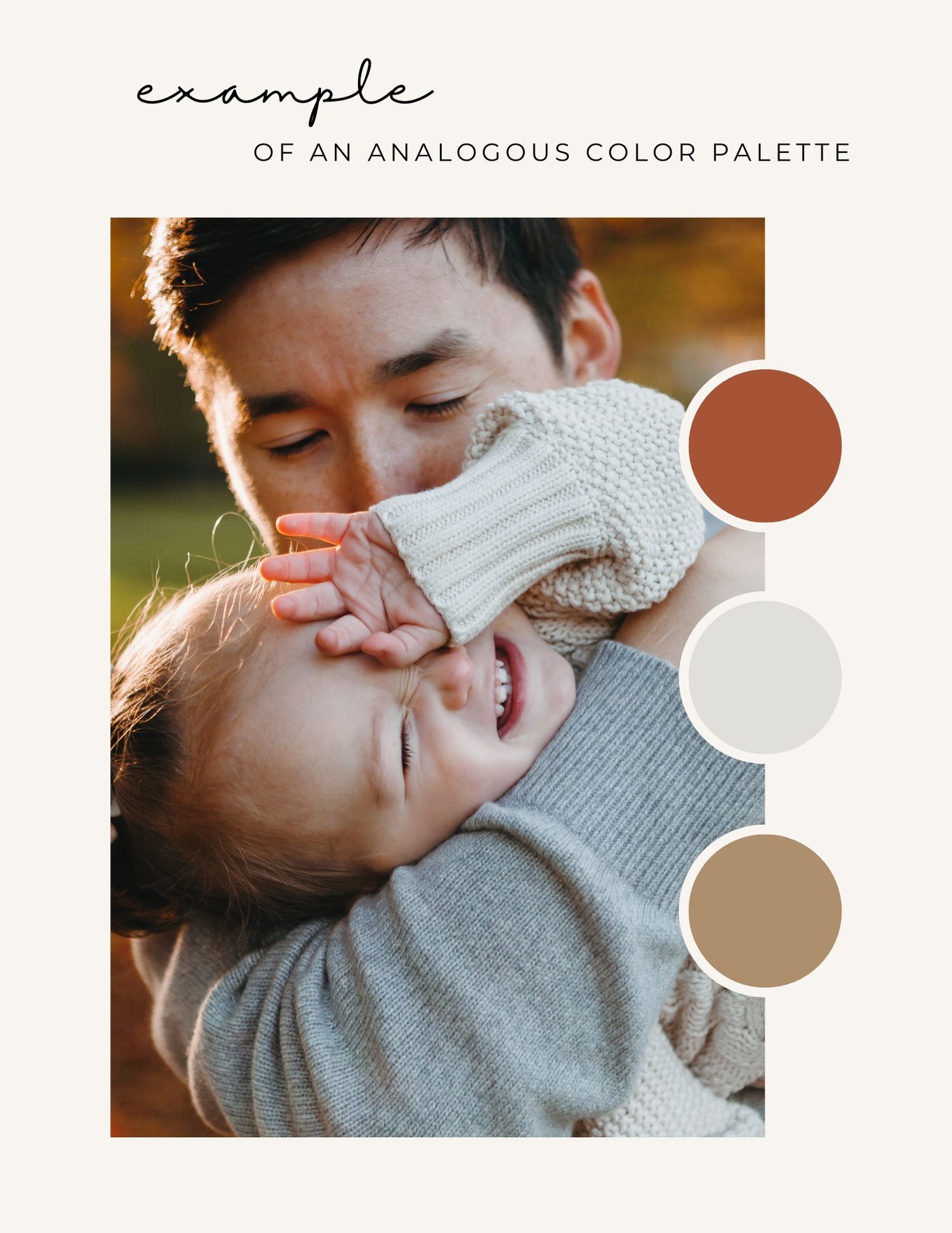 Warm earth-toned color palette shown with cozy sweater photo in muted browns and beige tones.