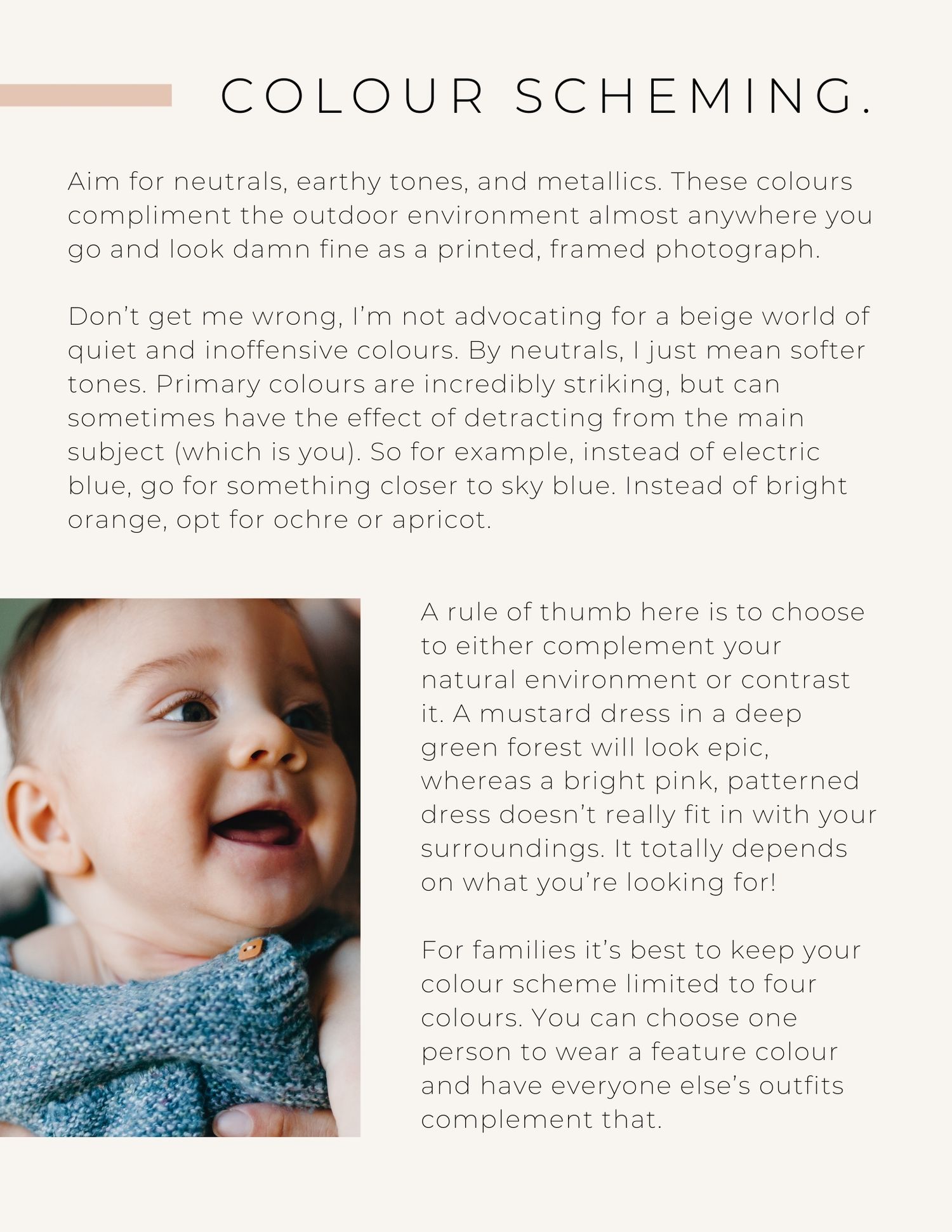 A collage of photos showing clothing color coordination tips with blue and beige tones.