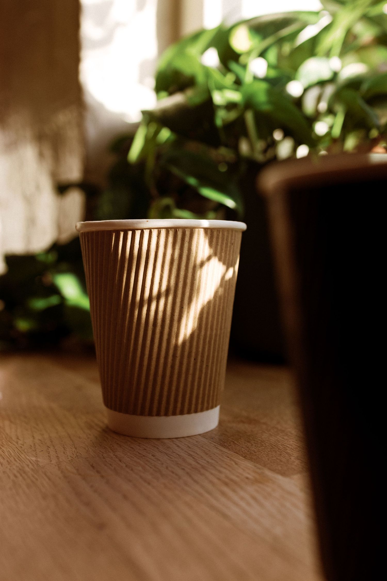 A series of brown disposable coffee cup sleeves lined up on a wooden surface with natural lighting and greenery in background.