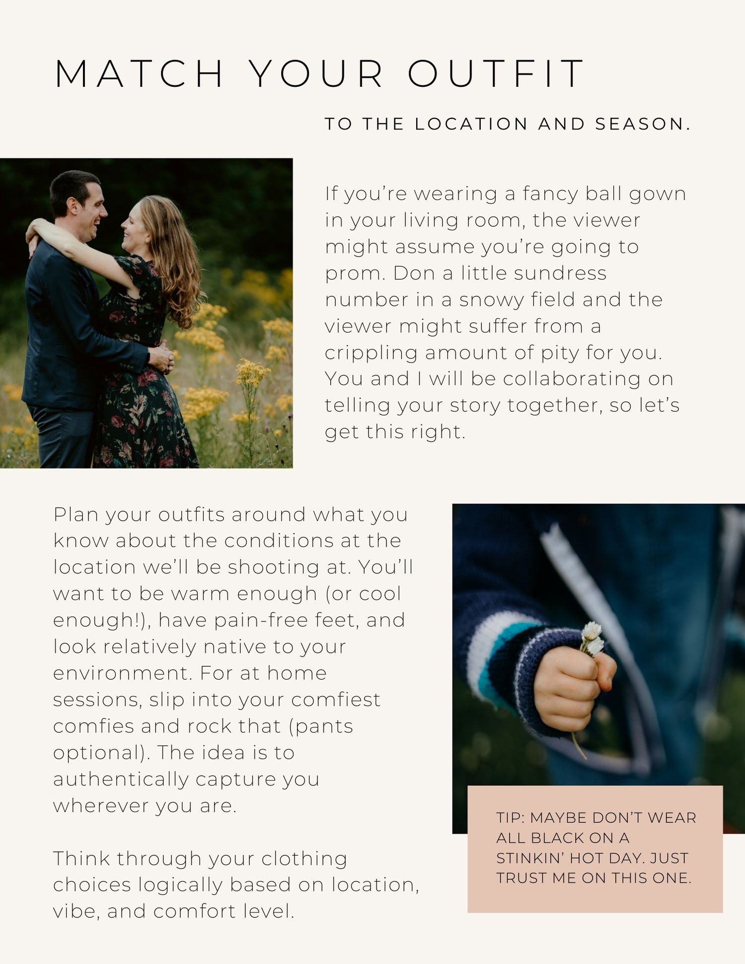 A collage of photography tips showing outdoor photo session advice and outfit suggestions for different locations.