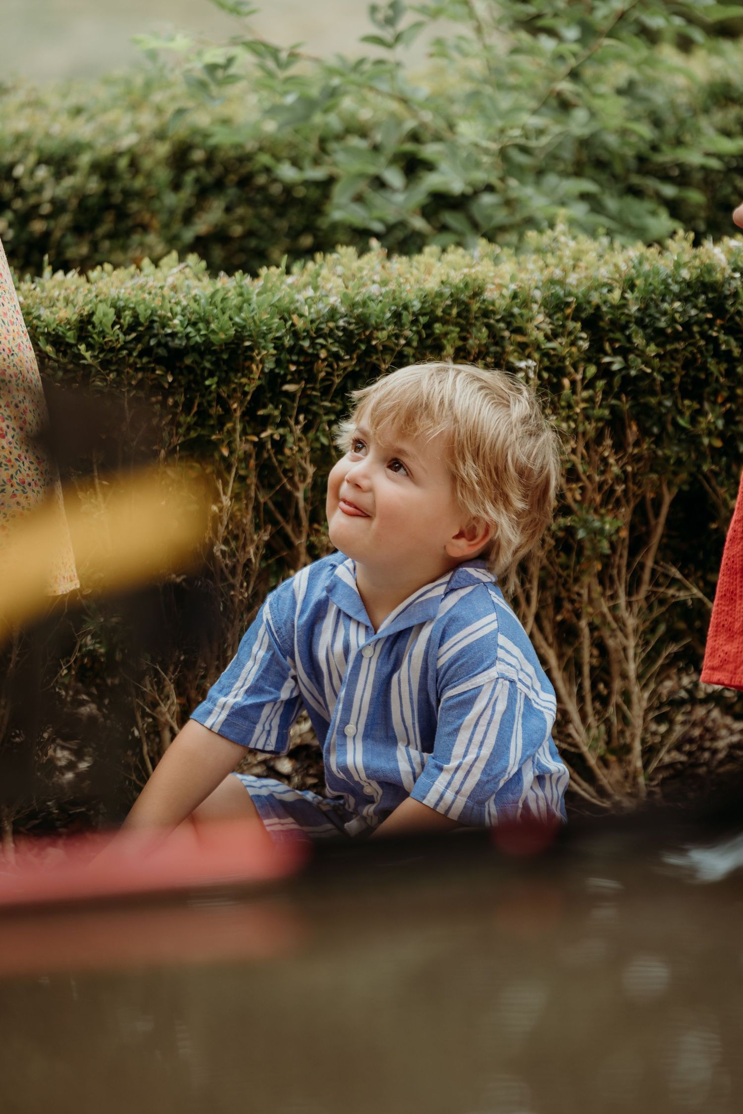 Child in blue striped shirt peeks over a hedge in a garden setting.