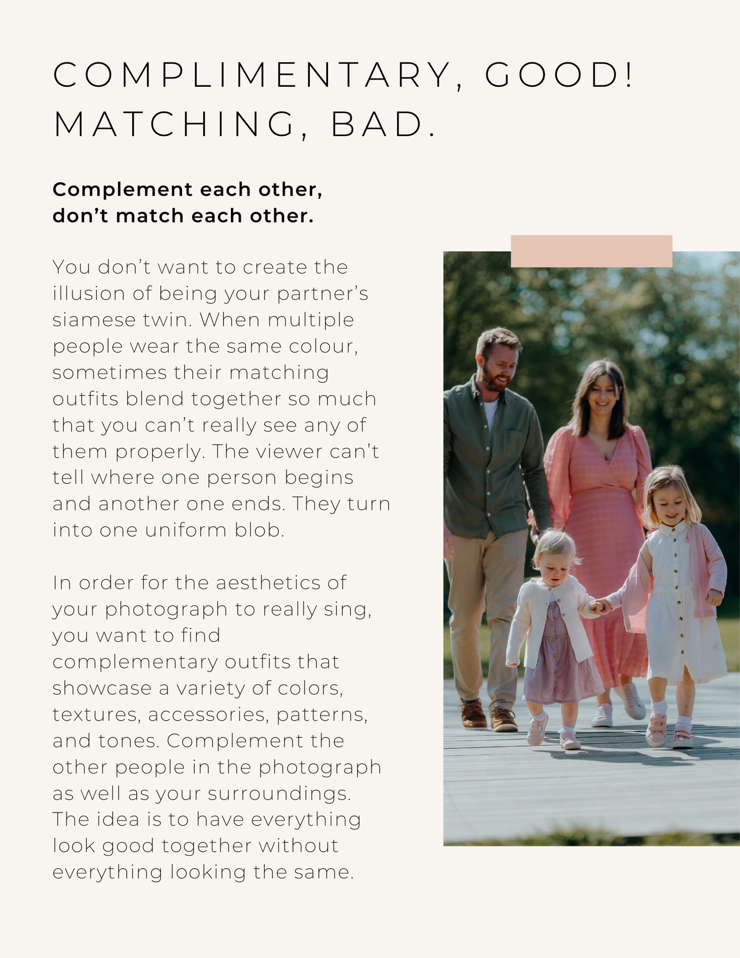 A family wearing coordinated pink and white outfits walks together outdoors in a lifestyle photo.