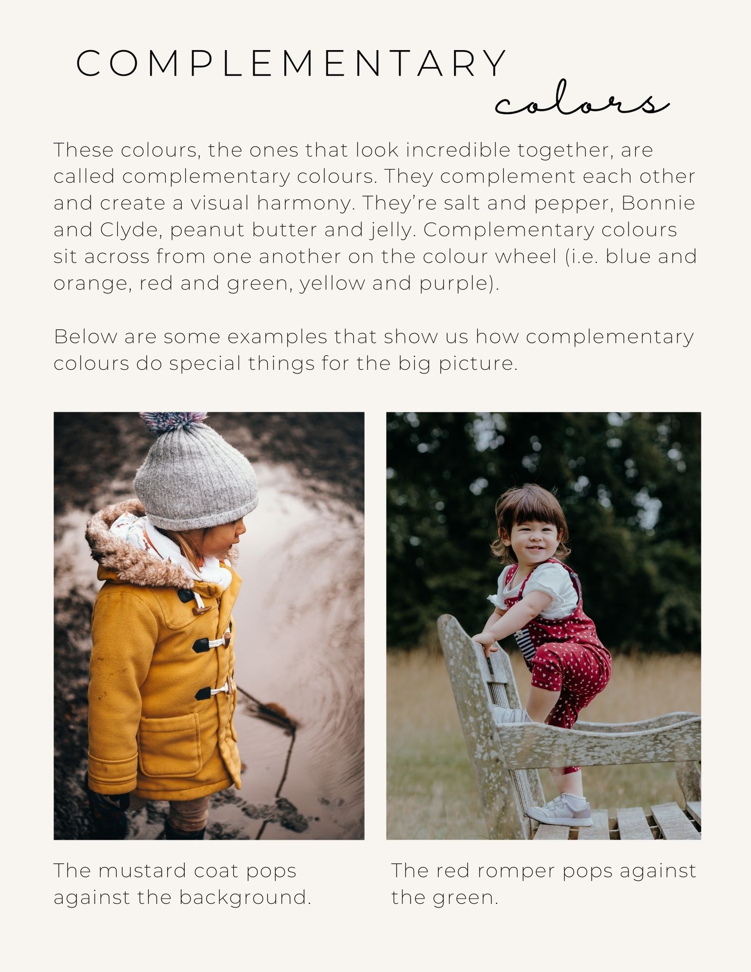 A collection of complementary color photos showing yellow jackets against red and green natural backgrounds.