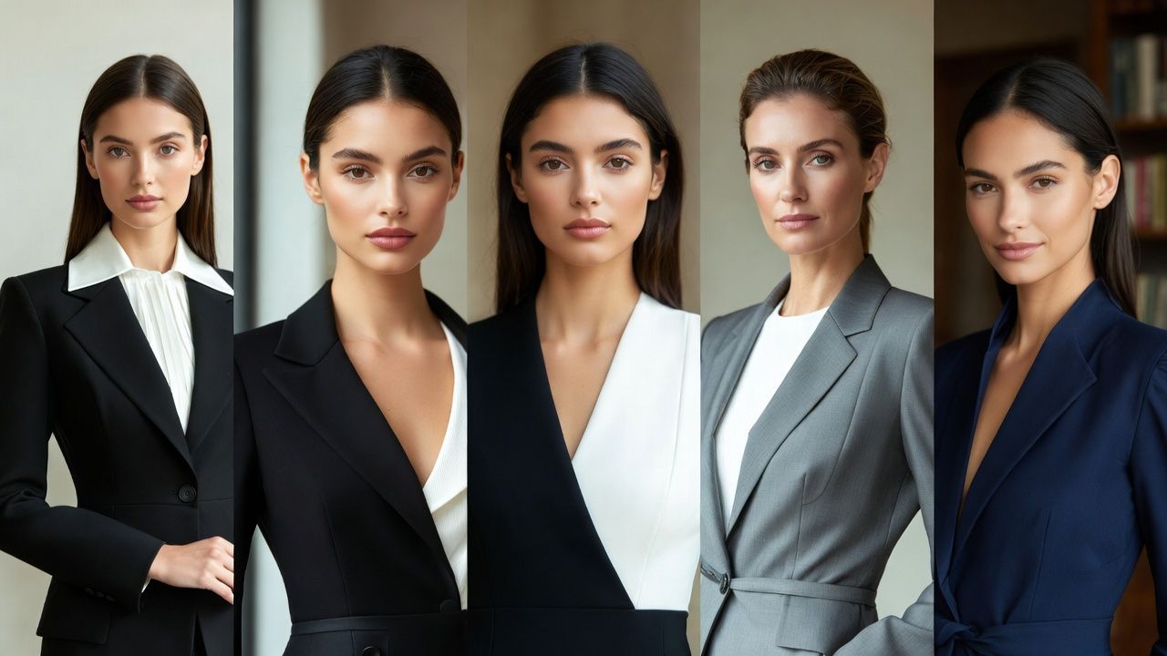 Professional headshots of models in business attire posing against white and gray backgrounds.