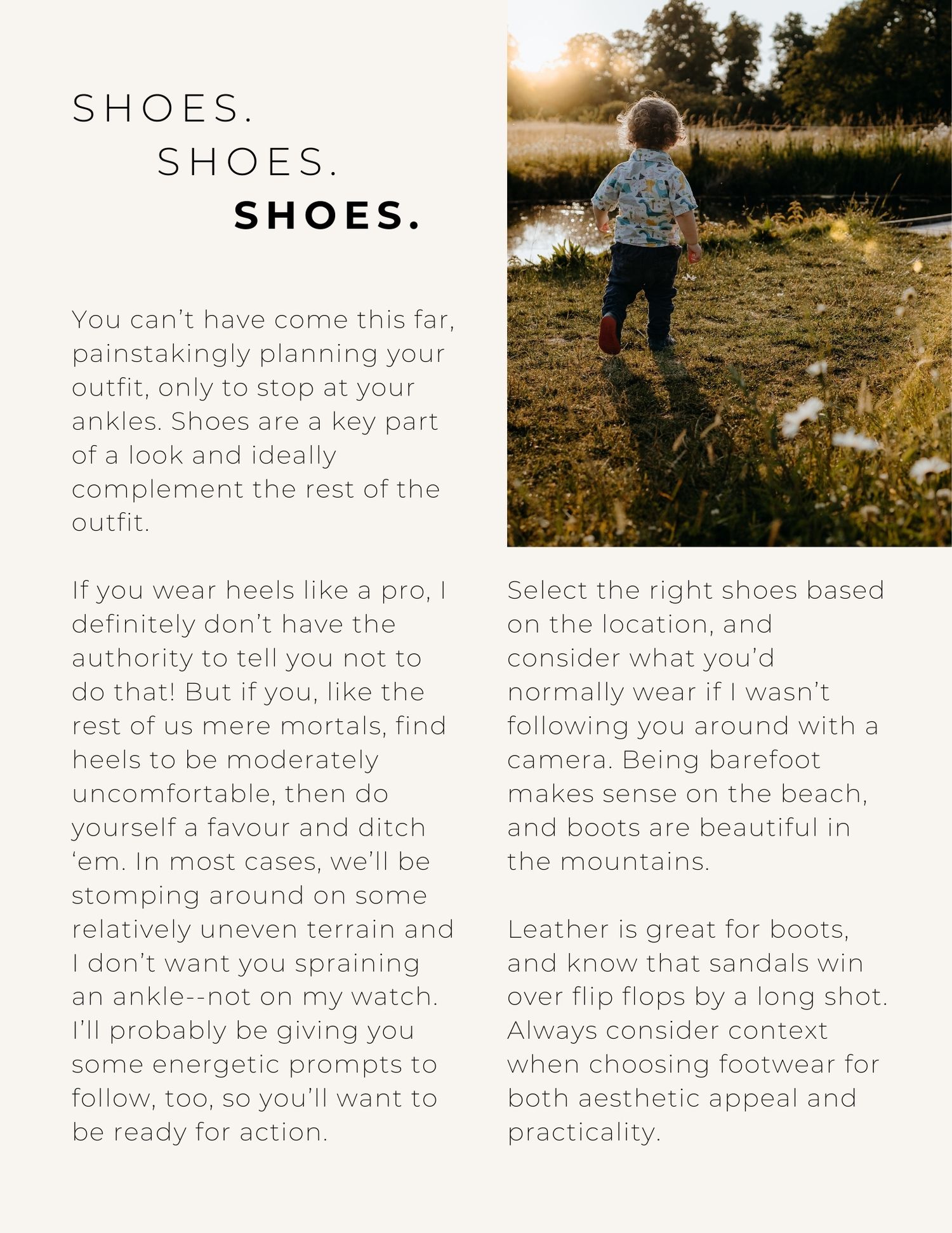 A guide showing shoe styling advice with outdoor walking path scenes and text overlays.