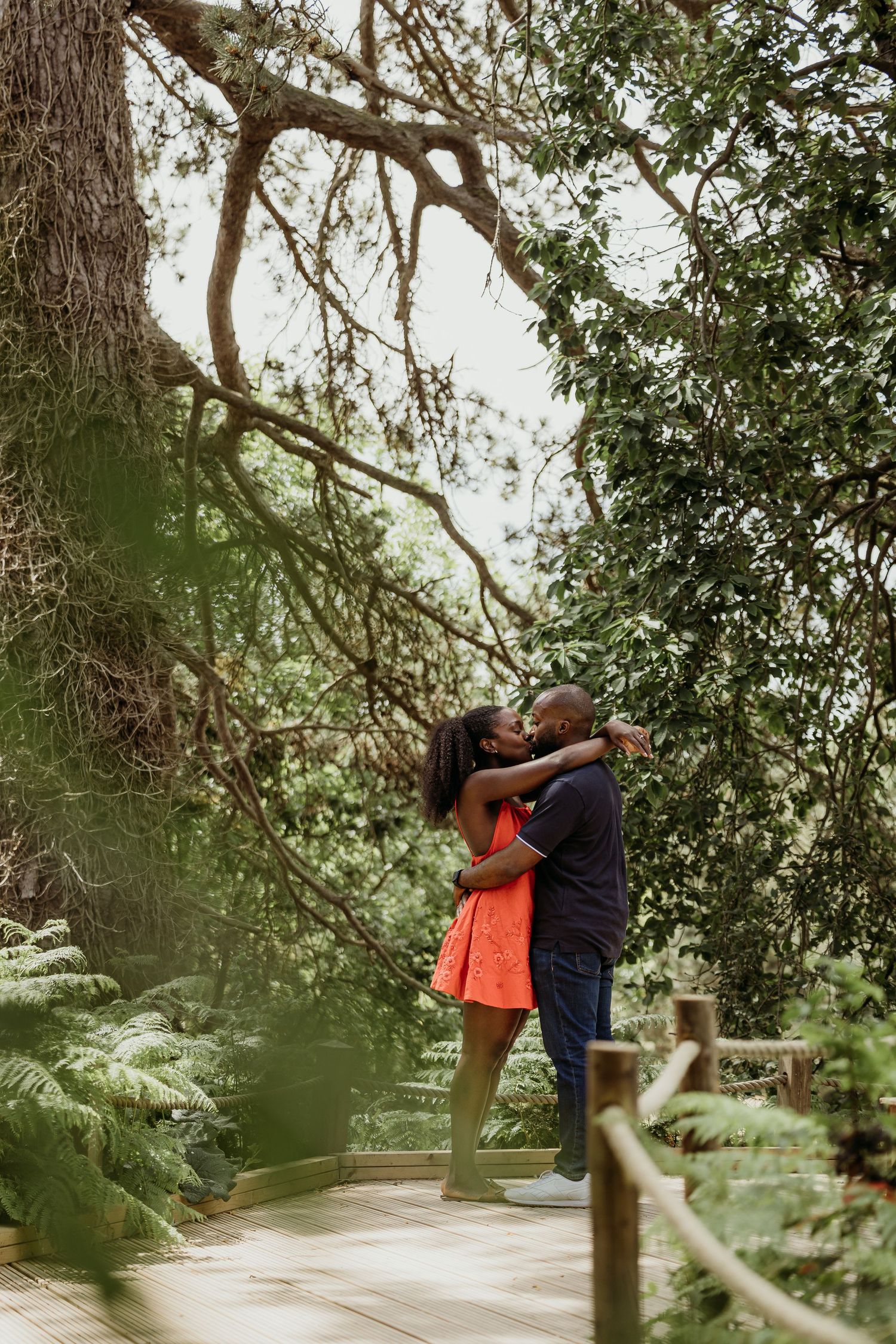 A surprise proposal moment unfolds under tree branches in a natural setting.