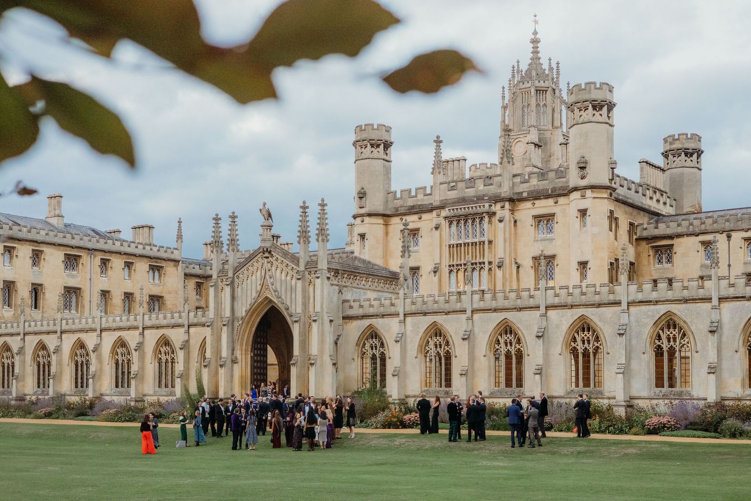 Gothic architecture of Cambridge University buildings with ornate stone facades and towers.