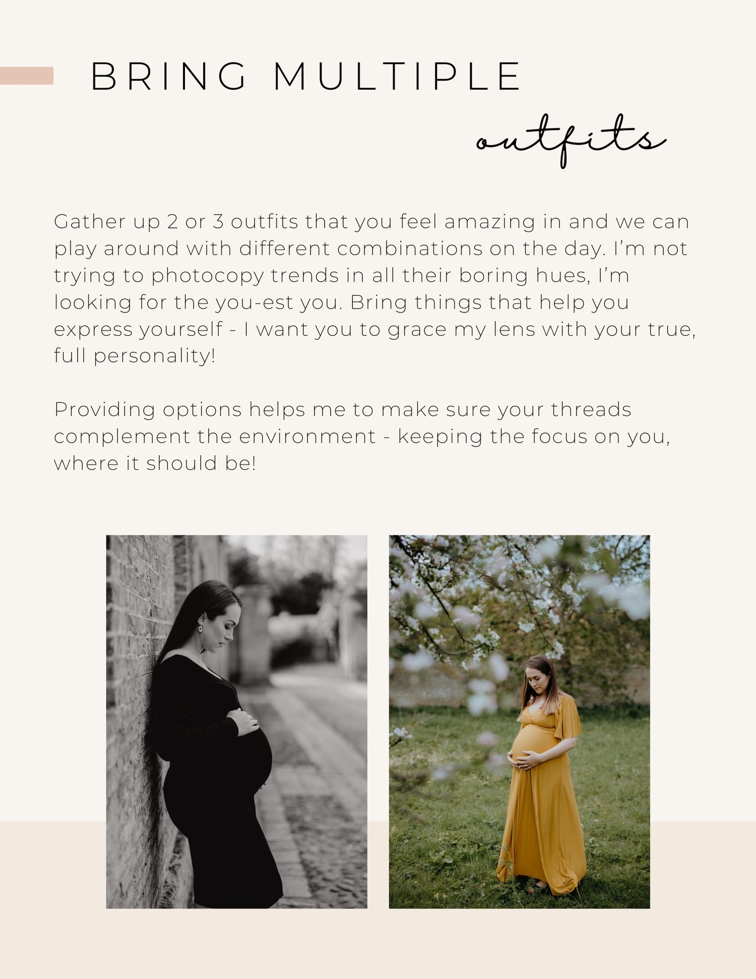Two maternity photos showing silhouettes in black dress against wall and yellow dress in nature setting.