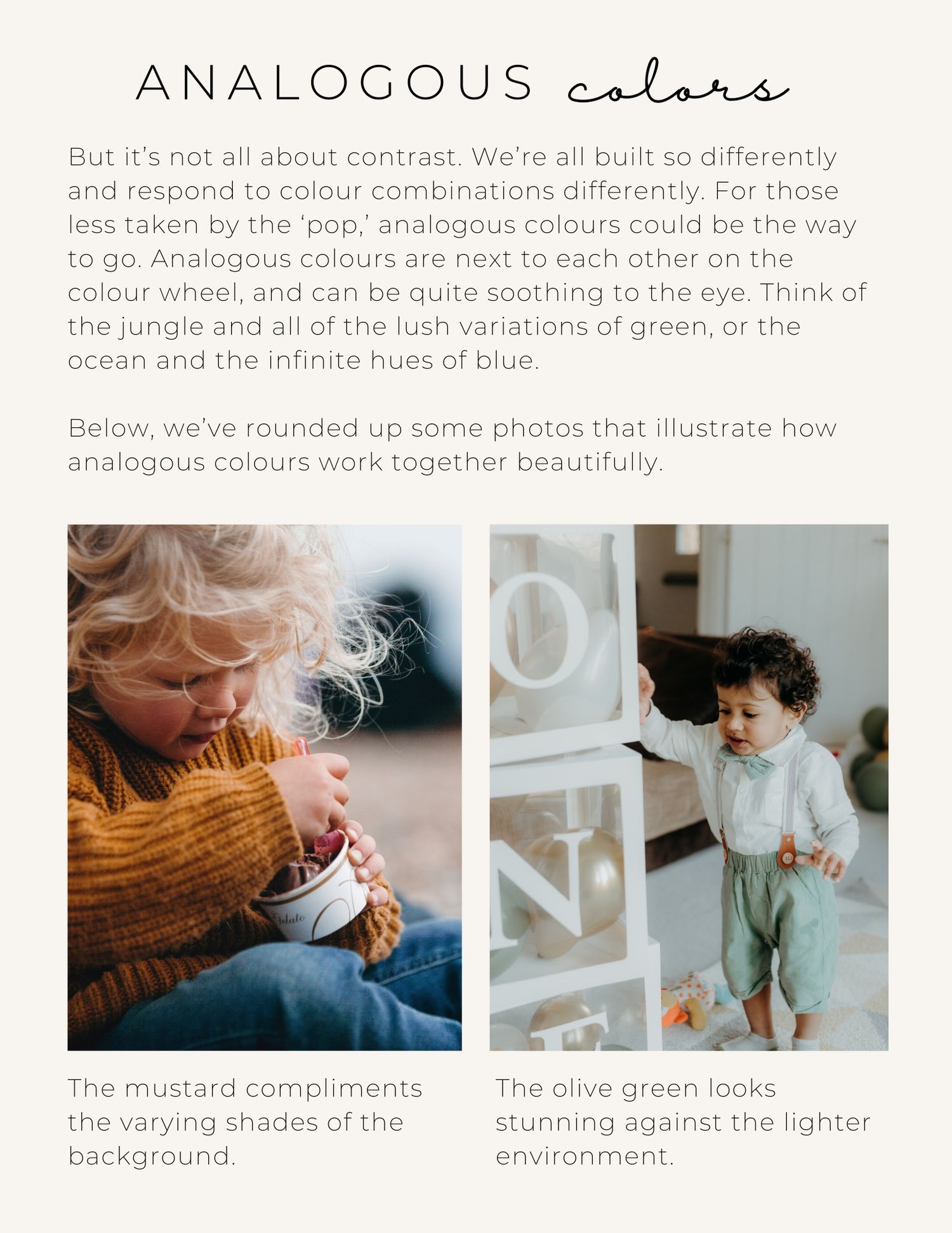 Two photos showing analogous color combinations with mustard yellow and olive green tones in a design layout.