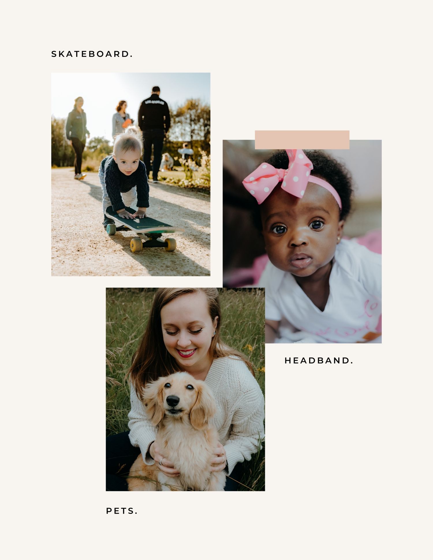 A collage of lifestyle photos featuring pets, outdoor activities, and everyday moments arranged in a horizontal layout.