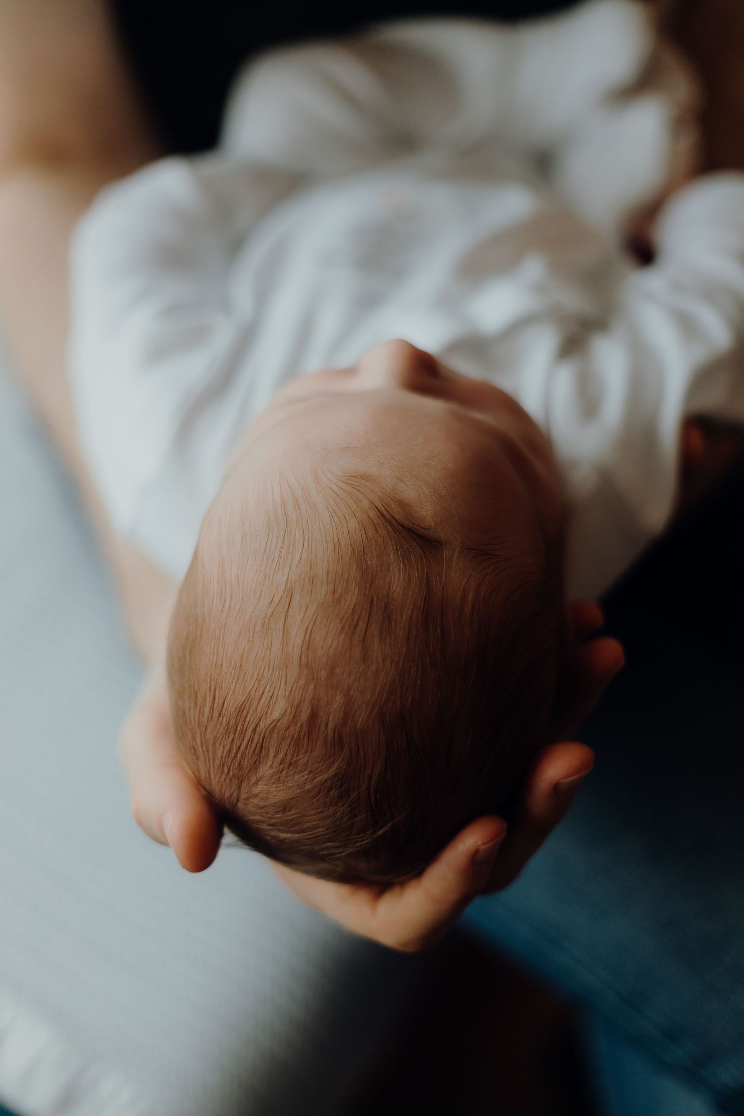 Close-up view of sleeping newborn baby's head against soft white fabric.