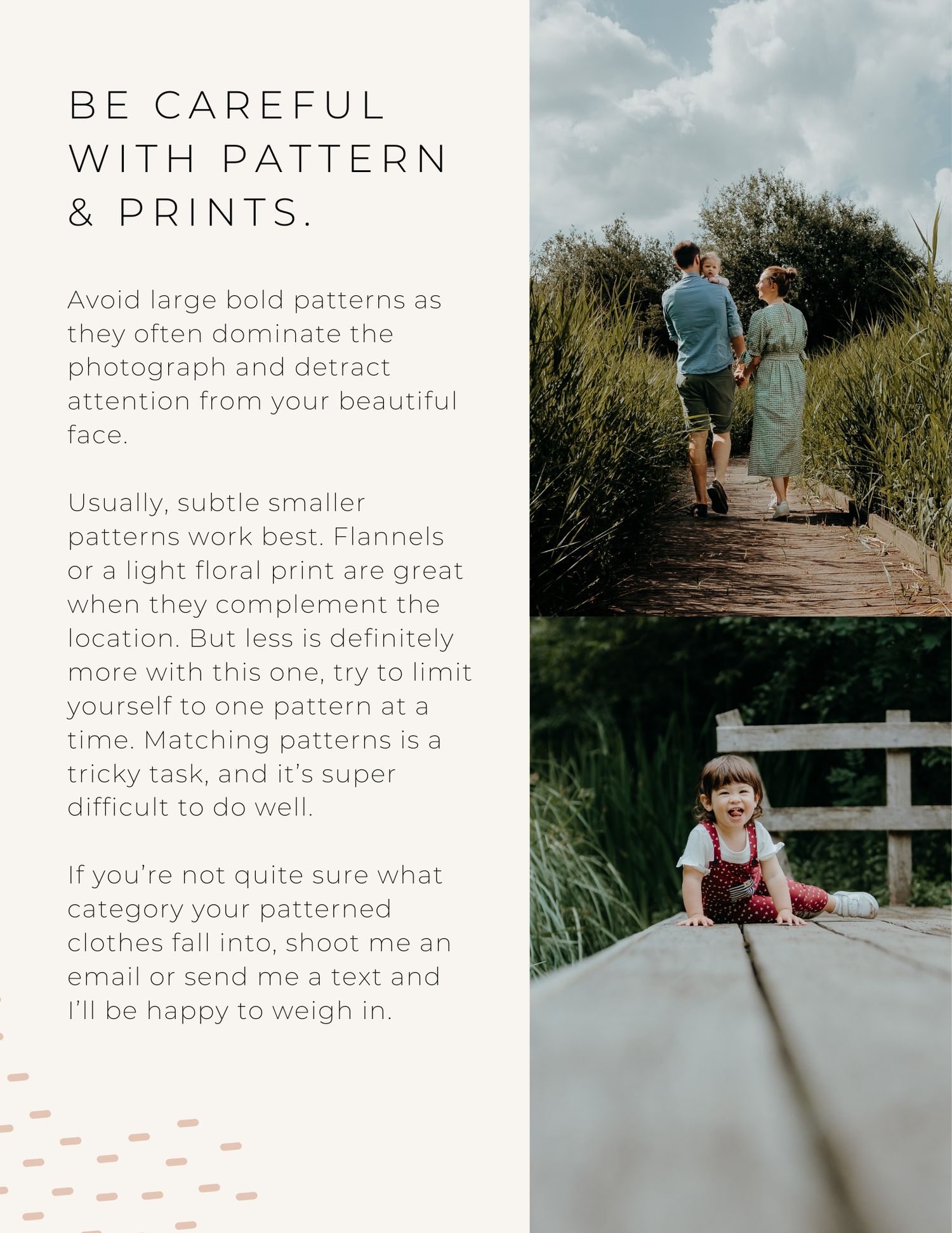 A collection of fashion styling tips showing pattern mixing advice and outdoor photography examples.