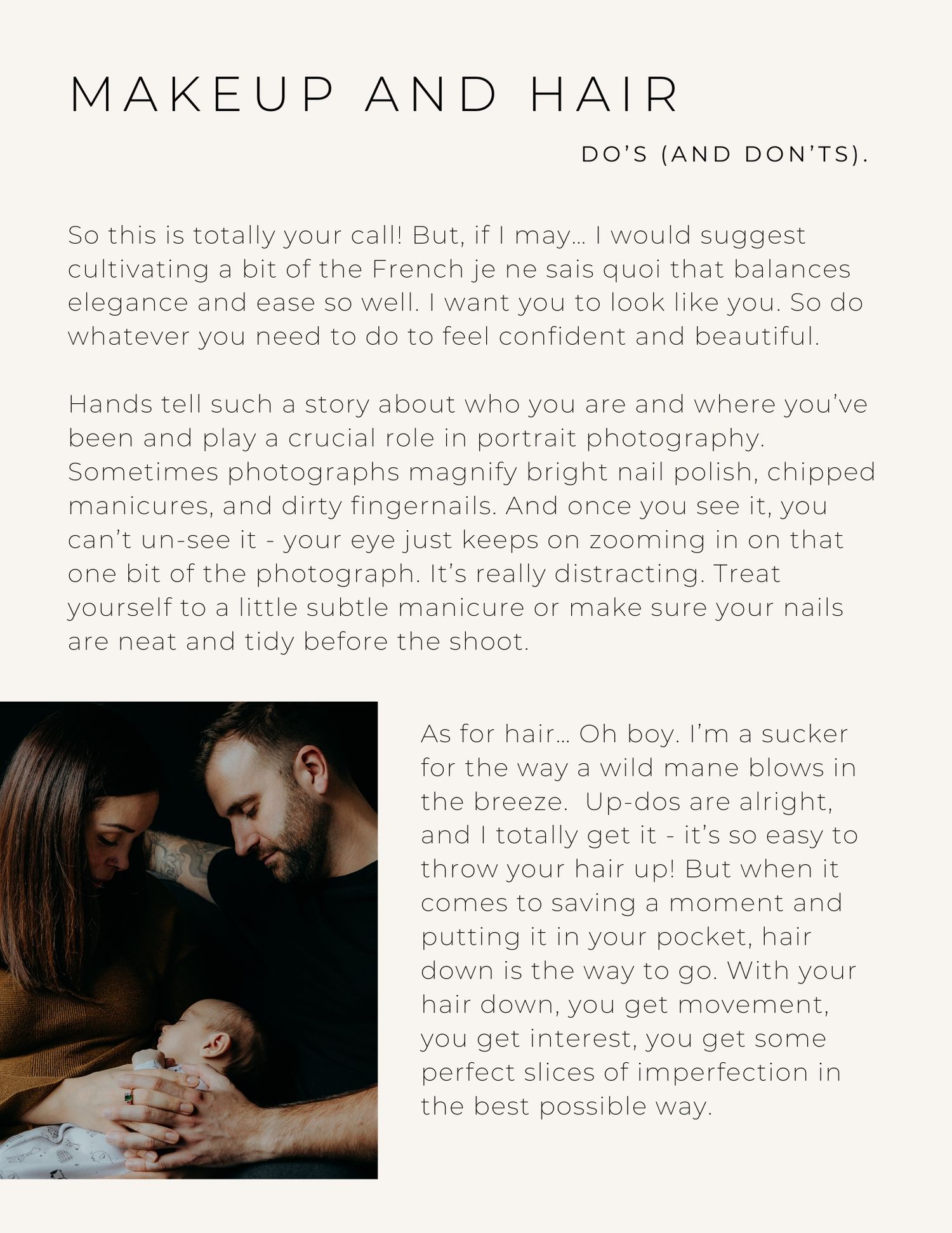 Vintage-style photography tips and makeup advice layout with soft beige tones and handwritten text elements.